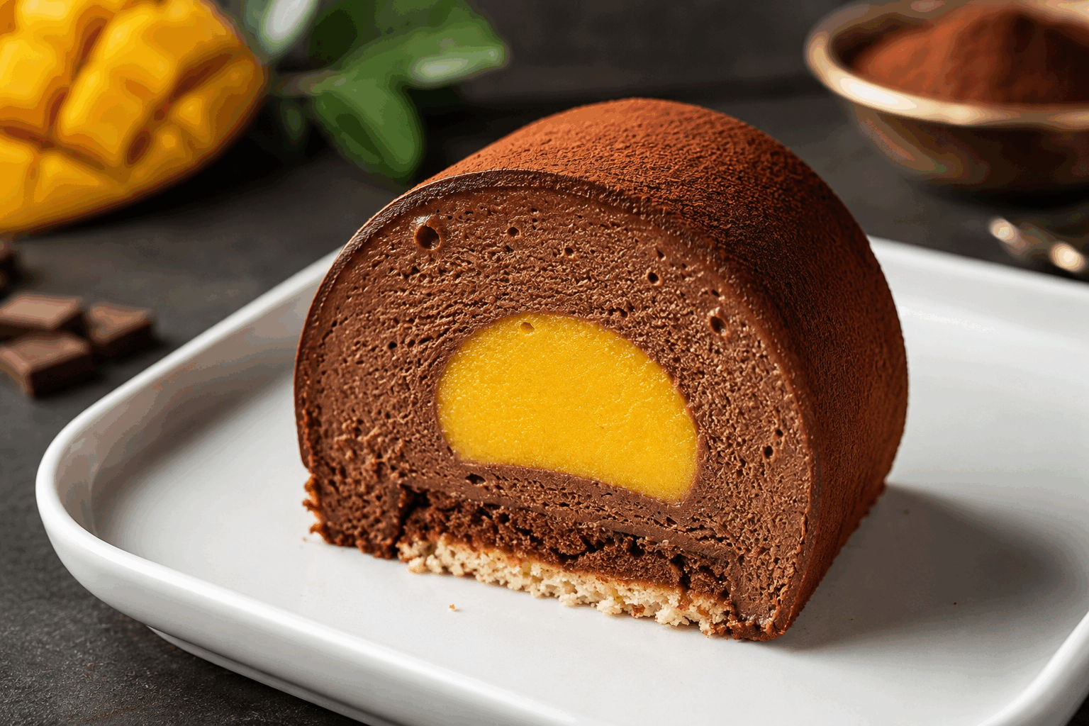 Bûche de Noël mousse chocolat et mangue : laissez-vous fondre en 5 minutes ✨ Description Cette bûche de Noël allie la richesse du chocolat à la fraîcheur exotique de la mangue dans une mousse légère et savoureuse. Son aspect élégant et son goût fruité en font un dessert parfait pour clôturer un repas de fête avec légèreté et gourmandise. Facile et rapide à réaliser, elle ravira vos convives dès la première bouchée. Informations Temps de préparation : 20 minutes Temps de cuisson : 10 minutes (pour le biscuit) Nombre de portions : 8 personnes Difficulté : Moyenne Ingrédients Pour le biscuit roulé 4 œufs 100 g de sucre 80 g de farine 20 g de cacao en poudre non sucré 1 pincée de sel Pour la mousse chocolat 200 g de chocolat noir (minimum 70% de cacao) 30 cl de crème liquide entière très froide 2 blancs d'œufs 30 g de sucre Pour la mousse mangue 300 g de purée de mangue fraîche ou surgelée 20 cl de crème liquide entière très froide 2 feuilles de gélatine (4 g) 30 g de sucre Préparation Préchauffe le four à 180°C. Sépare les blancs des jaunes d'œufs. Bats les jaunes avec 50 g de sucre jusqu’à ce que le mélange blanchisse. Incorpore la farine tamisée avec le cacao et mélange délicatement. Monte les blancs en neige avec une pincée de sel. Ajoute le reste du sucre en fin de montage pour les serrer. Incorpore délicatement les blancs au mélange chocolaté à l’aide d’une spatule. Étale la pâte sur une plaque recouverte de papier sulfurisé en formant un rectangle de 30x40 cm. Enfourne 10 minutes, puis démoule sur un torchon humide et roule-le encore chaud pour former le biscuit roulé. Laisse refroidir. Fais tremper la gélatine dans de l’eau froide. Chauffe légèrement la purée de mangue puis incorpore la gélatine essorée, mélange bien et laisse tiédir. Monte la crème liquide en chantilly avec le sucre et incorpore-la délicatement à la purée de mangue refroidie mais encore fluide. Réserve au frais. Fais fondre le chocolat au bain-marie. Monte la crème en chantilly. Bats les blancs en neige avec 30 g de sucre. Mélange délicatement la chantilly avec le chocolat tiède puis incorpore les blancs en neige en soulevant la masse. Déroule le biscuit. Étale uniformément la mousse mangue sur la moitié du biscuit, puis recouvre de mousse au chocolat. Roule à nouveau la bûche délicatement en serrant légèrement. Place au frais au minimum 4 heures, idéalement toute une nuit, pour que la bûche fige bien. Astuces Utilise des œufs très frais pour un biscuit moelleux et aéré. Veille à ce que la crème soit bien froide avant de la monter en chantilly pour plus de stabilité. Enveloppe la bûche dans un film alimentaire avant de la mettre au réfrigérateur pour éviter qu’elle ne sèche. Tu peux décorer la bûche avec des zestes de citron vert ou des morceaux de mangue fraîche pour une touche colorée et acidulée. Service Servez la bûche bien fraîche, accompagnée éventuellement d’un coulis de mangue ou d’une crème anglaise légère. Ce dessert festif est idéal pour un réveillon de Noël ou un anniversaire d’hiver, alliant tradition et exotisme pour surprendre vos invités.
