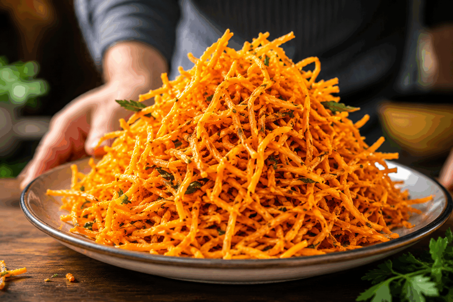 Carotte à la coréenne en 5 minutes, la salade parfaite pour un dîner express 💪🔥 Description Cette carotte à la coréenne est une salade rapide, fraîche et épicée qui se prépare en un temps record. Inspirée de la cuisine coréenne, elle mêle la douceur des carottes râpées à la fraîcheur de l’ail, la note piquante du piment et la touche umami du sésame. Idéale pour un accompagnement ou un dîner léger, elle réveillera vos papilles en seulement 5 minutes. Informations Temps de préparation : 5 minutes Temps de cuisson : 0 minute Nombre de portions : 4 personnes Difficulté : Facile Ingrédients Pour la salade 400 g de carottes 2 gousses d’ail 1 cuillère à soupe de sauce soja 1 cuillère à soupe d’huile de sésame 1 cuillère à café de sucre roux 1 cuillère à café de piment en flocons (goûter et ajuster selon votre tolérance) 1 cuillère à soupe de vinaigre de riz 1 cuillère à soupe de graines de sésame grillées 2 cuillères à soupe d’huile végétale neutre (tournesol ou colza) Sel Poivre noir fraîchement moulu Préparation Épluchez les carottes puis râpez-les finement à l’aide d’une râpe ou d’un robot culinaire. Pelez et pressez l’ail ou hachez-le très finement pour ne pas avoir de morceaux trop gros. Dans un saladier, mélangez la sauce soja, l’huile de sésame, l’huile végétale, le vinaigre de riz, le sucre, le piment en flocons, l’ail, une pincée de sel et un peu de poivre. Ajoutez les carottes râpées dans le saladier et mélangez bien pour enrober toutes les carottes de la sauce. Goûtez et ajustez l’assaisonnement : plus de piment si vous aimez relevé, plus de sucre ou vinaigre selon l’équilibre souhaité. Terminez en parsemant de graines de sésame grillées pour un petit croquant très agréable. Laissez reposer 5 minutes à température ambiante pour que les saveurs se mêlent avant de servir. Astuces Utilisez de l’huile de sésame grillé pour un goût plus intense, mais en petite quantité pour ne pas dominer le plat. Si vous n’aimez pas le piment, remplacez-le par une pointe de paprika fumé pour une saveur douce et chaude. La carotte râpée peut être remplacée par du concombre ou du daikon pour varier les plaisirs. Conservez la salade au réfrigérateur dans une boîte hermétique, elle se déguste bien froide et se garde 1 à 2 jours. Service Servez cette carotte à la coréenne en entrée ou en accompagnement d’un plat asiatique comme un barbecue coréen, un bibimbap ou simplement avec du riz blanc. Présentez-la dans un bol transparent pour montrer ses belles couleurs vives et garnissez avec quelques feuilles de coriandre fraîche ou aneth pour apporter une touche aromatique supplémentaire. Simple, rapide et savoureuse, elle est parfaite pour un dîner express mais plein de goût.