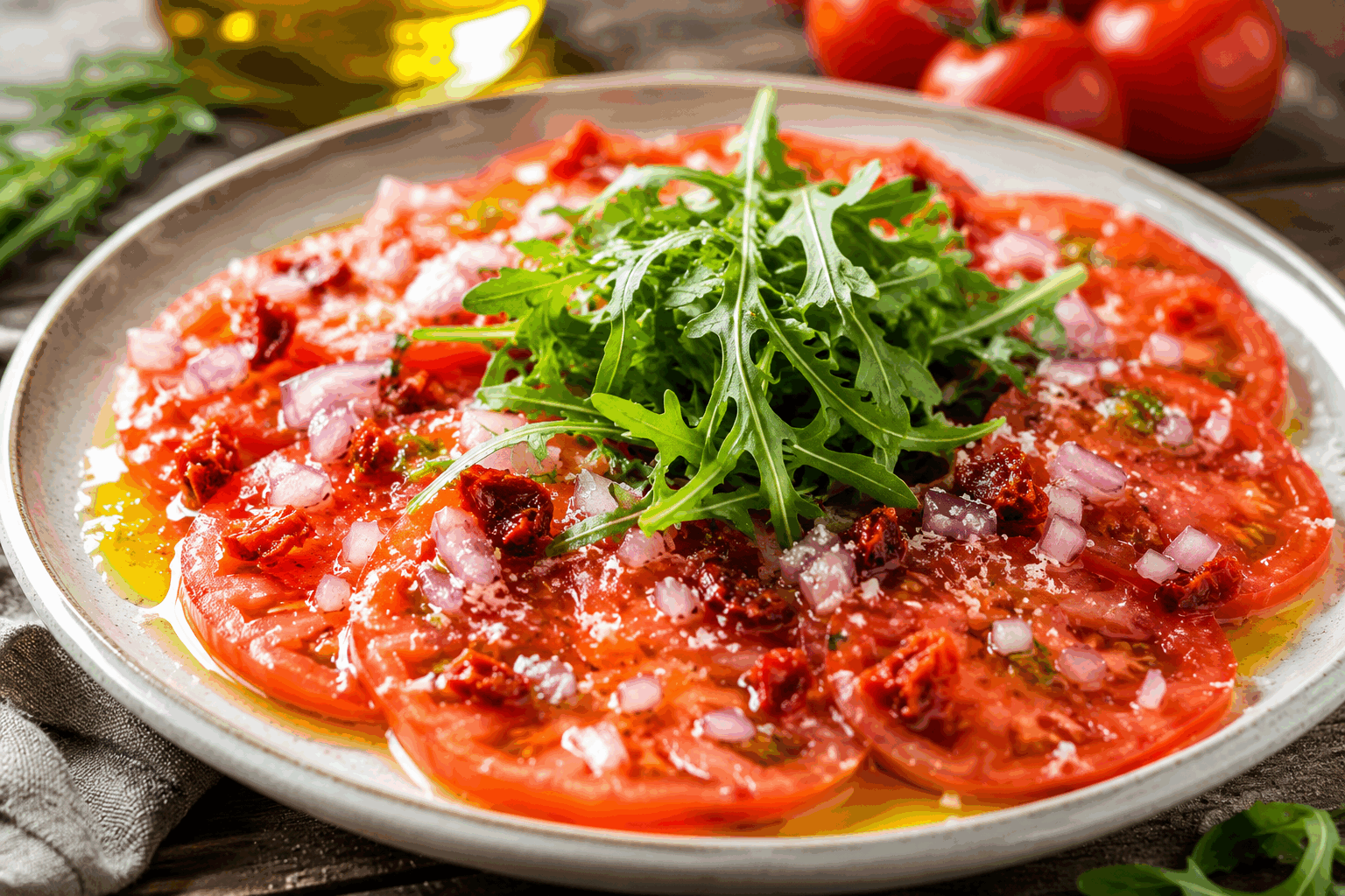 Carpaccio de tomates en 5 minutes : la recette fraîche qui surprend et régale 🍅👌 Description Ce carpaccio de tomates est un plat léger, frais et coloré, idéal pour les journées chaudes ou en entrée estivale. Les fines tranches de tomates mêlées à une vinaigrette parfumée et des herbes fraîches offrent une explosion de saveurs simples et savoureuses. Rapide à préparer, il surprend par sa fraîcheur et sa légèreté. Informations Temps de préparation : 5 minutes Temps de cuisson : 0 minute Nombre de portions : 4 Difficulté : Facile Ingrédients Pour le carpaccio 4 tomates mûres de taille moyenne 3 cuillères à soupe d’huile d’olive extra vierge 1 cuillère à soupe de vinaigre balsamique 1 cuillère à café de miel liquide Quelques feuilles de basilic frais Sel fin Poivre noir du moulin 20 g de parmesan en copeaux (facultatif) Préparation Lave les tomates puis coupe-les en tranches très fines à l’aide d’un couteau bien aiguisé ou d’une mandoline. Dispose les tranches de tomates en une seule couche, légèrement superposées, sur une grande assiette ou un plat de service. Dans un petit bol, mélange l’huile d’olive, le vinaigre balsamique, le miel, une pincée de sel et un tour de moulin à poivre jusqu’à obtenir une vinaigrette homogène. Arrose les tomates uniformément avec cette vinaigrette délicate. Déchire les feuilles de basilic et parsème-les sur les tomates. Ajoute les copeaux de parmesan sur le dessus pour une touche gourmande, si tu le souhaites. Laisse reposer 2 minutes à température ambiante pour que les saveurs se mêlent avant de servir. Astuces Utilise des tomates bien mûres mais fermes pour qu’elles gardent leur forme et leur saveur. Remplace le vinaigre balsamique par un vinaigre de cidre pour une note plus douce. Tu peux ajouter quelques pignons de pin légèrement toastés pour plus de croquant. Si tu n’as pas de parmesan, du fromage de chèvre frais émietté fonctionne aussi très bien. Service Servez ce carpaccio de tomates bien frais en entrée légère ou en accompagnement d’un plat de poisson ou d’une salade composée. Présente-le sur une assiette blanche pour mettre en valeur les couleurs éclatantes. Convient parfaitement à un déjeuner d’été ou un apéritif convivial entre amis.