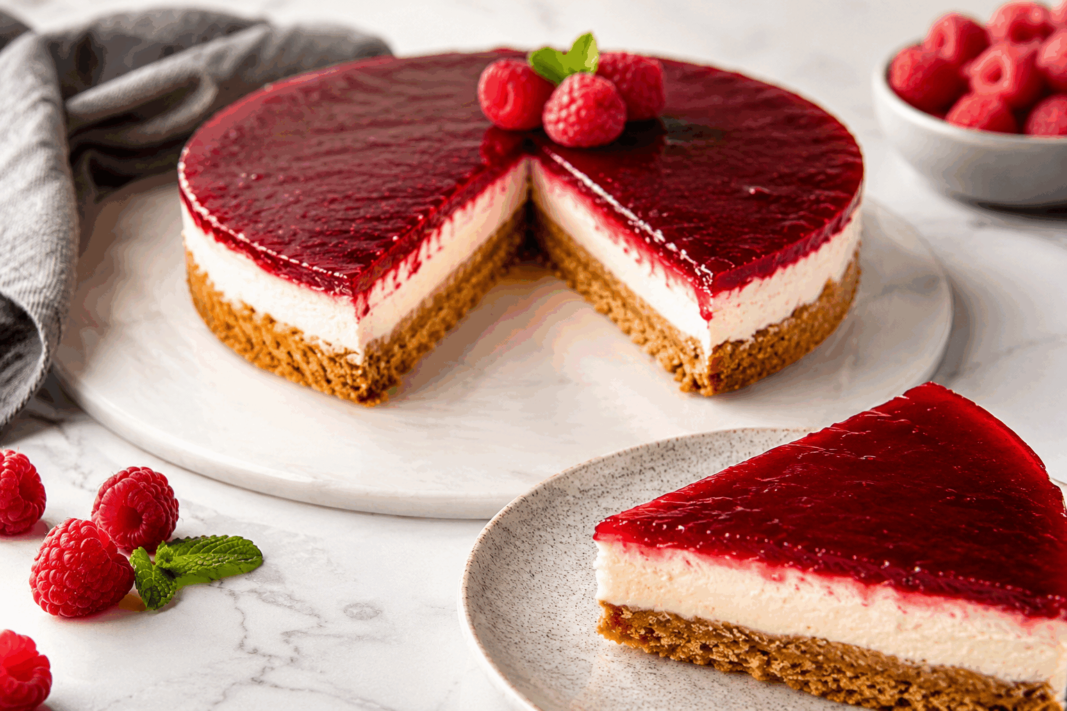 Cheesecake aux framboises : la recette simple et inratable en 5 minutes 🍰👌 Description Ce cheesecake aux framboises est un dessert frais et gourmand, parfait pour les amateurs de saveurs fruitées. Sa texture crémeuse s’allie délicatement à l’acidité naturelle des framboises pour un équilibre parfait. Facile et rapide à réaliser, il convient aussi bien pour un goûter improvisé que pour clore un repas en beauté. Informations Temps de préparation : 5 minutes Temps de cuisson : 0 minute Nombre de portions : 6 personnes Difficulté : Facile Ingrédients Pour la base 150 g de biscuits type spéculoos ou petits beurre 60 g de beurre fondu Pour la garniture 400 g de fromage frais type Philadelphia 100 g de sucre glace 20 cl de crème liquide entière très froide 1 sachet de sucre vanillé 200 g de framboises fraîches ou surgelées Préparation Réduis les biscuits en fine chapelure à l’aide d’un mixeur ou en les écrasant dans un sac plastique avec un rouleau à pâtisserie. Mélange la chapelure avec le beurre fondu puis tasse ce mélange au fond d’un moule à charnière ou de verrines. Réserve au frais. Dans un saladier, fouette la crème liquide très froide en chantilly ferme. Dans un autre bol, travaille le fromage frais avec le sucre glace et le sucre vanillé jusqu’à obtenir une texture lisse. Incorpore délicatement la chantilly à la préparation au fromage frais à l’aide d’une spatule en soulevant la masse pour ne pas casser la texture. Verse la crème au fromage sur la base biscuitée, lisse la surface avec une spatule. Dispose joliment les framboises sur le dessus. Place le cheesecake au frais pendant au moins 2 heures avant de servir pour qu’il prenne bien. Astuces Pour une base encore plus croustillante, ajoute une pincée de cannelle aux biscuits écrasés. Veille à ce que la crème soit bien froide pour réussir une chantilly ferme. Si vous utilisez des framboises surgelées, laissez-les bien décongeler et égoutter pour éviter l’excès d’eau. Pour une version sans cuisson, remplacez le fromage frais par du fromage blanc égoutté pour une texture plus légère. Service Servez ce cheesecake frais accompagné d’un coulis de framboises ou d’un filet de miel pour sublimer son goût. Il est idéal pour un dessert en famille ou entre amis, et se marie parfaitement avec un thé glacé ou un café léger.