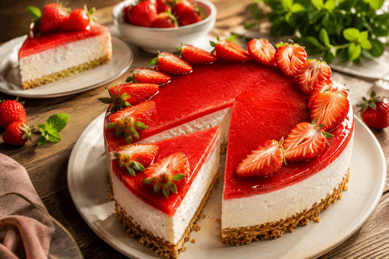 Cheesecake fraise sans cuisson en 5 minutes, frais et fondant à souhait 😋 Description Ce cheesecake sans cuisson à la fraise est un dessert rapide et léger, parfait pour les chaudes journées d’été ou quand on souhaite un dessert gourmand sans passer trop de temps en cuisine. Sa texture fondante associée à la fraîcheur des fraises en fait un vrai plaisir fruité et doux, idéal pour toutes les occasions. Informations Temps de préparation : 5 minutes Temps de cuisson : 0 minutes Nombre de portions : 6 personnes Difficulté : Facile Ingrédients Pour la base 150 g de biscuits sablés (type Petit Beurre) 60 g de beurre doux fondu Pour la garniture 300 g de fromage frais type Philadelphia ou Saint Môret 100 g de fromage blanc nature 80 g de sucre glace 200 g de fraises fraîches 5 feuilles de gélatine ou 3 g d'agar-agar 2 cuillères à soupe d’eau froide 1 cuillère à café d’extrait de vanille Préparation Mixez finement les biscuits sablés puis mélangez-les avec le beurre fondu. Tassez ce mélange au fond d’un moule à charnière de 18 cm de diamètre pour former la base. Placez au réfrigérateur. Faites ramollir la gélatine dans de l’eau froide pendant 5 minutes (ou préparez l’agar-agar selon les instructions du paquet). Mélangez le fromage frais, le fromage blanc, le sucre glace et l’extrait de vanille dans un saladier jusqu’à obtenir une crème lisse. Chauffez 2 cuillères à soupe d’eau au micro-ondes ou dans une petite casserole, puis incorporez la gélatine essorée. Mélangez bien pour la dissoudre complètement. Ajoutez la gélatine dissoute dans le mélange au fromage frais et mélangez rapidement. Lavez et équeutez les fraises, puis coupez-en la moitié en petits morceaux à incorporer dans la préparation au fromage. Versez cette garniture sur la base biscuitée et égalisez la surface avec une spatule. Décorez le dessus avec les fraises restantes coupées en tranches fines. Laissez prendre au réfrigérateur pendant au moins 4 heures avant de servir pour qu’il soit frais et fondant. Astuces Utilisez de bons biscuits sablés pour une base croustillante et savoureuse. Pour une version végétarienne stricte, remplacez la gélatine par de l’agar-agar en respectant bien les instructions de cuisson. Pensez à sortir le cheesecake du réfrigérateur 10 minutes avant la dégustation pour que la texture soit encore plus fondante en bouche. Variez les fruits selon les saisons : framboises, myrtilles ou mangue fonctionnent très bien aussi. Service Servez ce cheesecake frais en dessert léger accompagné d’un coulis de fraises ou d’un filet de miel pour encore plus de gourmandise. Il s’adapte parfaitement à un repas d’été en famille ou entre amis, ou pour une occasion où la rapidité et la fraîcheur sont de mise.