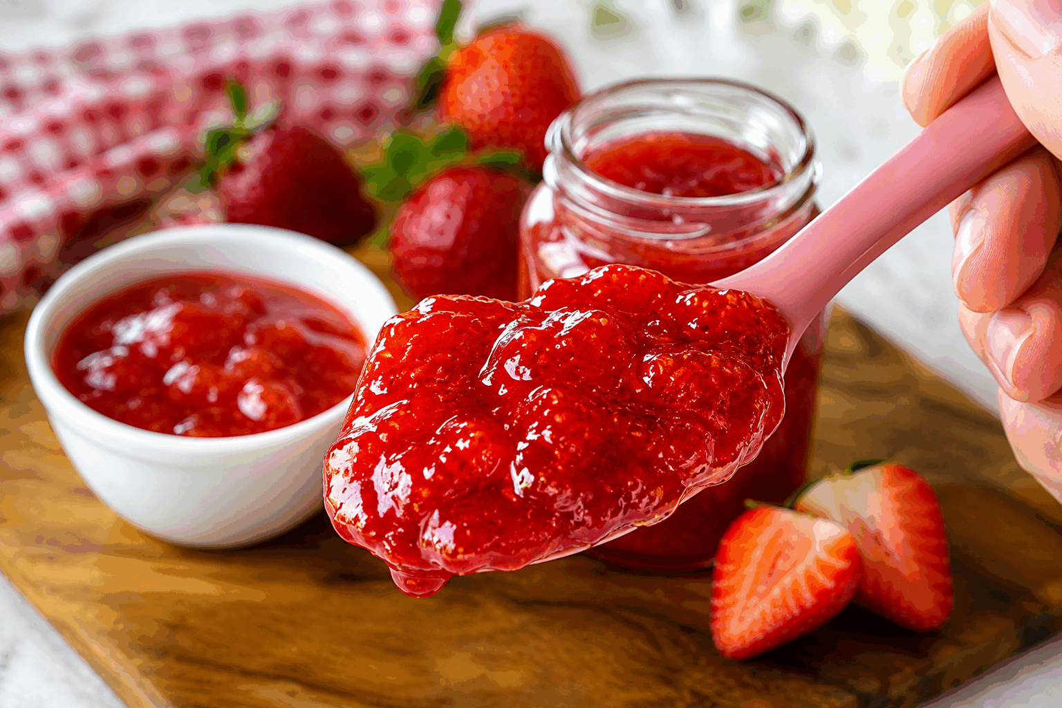 Confiture de fraises maison prête en 10 minutes, le secret pour adoucir vos journées 😍 Description Cette confiture de fraises maison est une douceur fruitée, rapide à préparer en seulement 10 minutes. Sa texture légèrement épaisse et son goût sucré-acidulé font d’elle un incontournable pour égayer vos petits-déjeuners ou goûters. Parfaite pour adoucir vos journées, elle s’invite aussi bien sur une tartine que dans un yaourt nature. Informations Temps de préparation : 5 minutes Temps de cuisson : 10 minutes Nombre de portions : 4 pots (environ 500 g) Difficulté : Facile Ingrédients Pour la confiture 500 g de fraises fraîches 300 g de sucre cristallisé 1 cuillère à soupe de jus de citron 1 cuillère à café d’extrait de vanille (facultatif) 1/2 cuillère à café d’agar-agar ou gelifiant (optionnel pour une texture plus ferme) Préparation Lave soigneusement les fraises, équeute-les et coupe-les en morceaux. Dans une casserole, verse les fraises, le sucre et le jus de citron. Mélange bien. Fais chauffer à feu moyen et porte doucement à ébullition tout en remuant régulièrement pour que le sucre fonde bien. Laisse cuire la préparation environ 8 à 10 minutes en remuant souvent pour éviter que ça attache. Si tu souhaites une confiture plus ferme, ajoute l’agar-agar en fin de cuisson en mélangeant bien et prolonge la cuisson 1 minute. Éteins le feu, retire la casserole et laisse tiédir 5 minutes avant de verser dans des pots préalablement stérilisés. Ferme les pots et retourne-les quelques minutes pour faire le vide d’air, puis laisse refroidir à température ambiante. Astuces Choisis des fraises bien mûres et parfumées pour un goût optimal. Le jus de citron aide à la conservation et à préserver la couleur vibrante des fraises. Pour vérifier la bonne prise, dépose une petite goutte de confiture sur une assiette froide : elle doit se figer après quelques secondes. Conserve la confiture au réfrigérateur après ouverture et consomme-la dans les 2 semaines. Service Servez cette confiture maison sur des tartines de pain frais au petit-déjeuner, dans des yaourts nature ou comme accompagnement gourmand de crêpes et gaufres. Elle est idéale pour apporter une touche sucrée simple et naturelle à vos pauses douceur.