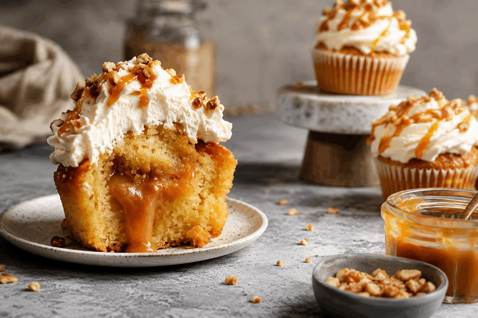 Cupcake vanille au cœur coulant caramel, la douceur qui fond en 5 minutes ✨ Description Ces cupcakes moelleux à la vanille cachent un cœur fondant de caramel qui coule à la première bouchée. Leur douceur gourmande et leur texture aérienne en font un dessert idéal pour toutes les occasions, du goûter convivial aux moments festifs. Informations Temps de préparation : 20 minutes Temps de cuisson : 15 minutes Nombre de portions : 12 pièces Difficulté : Facile Ingrédients Pour la pâte à cupcake 150 g de farine 125 g de sucre en poudre 1/2 sachet de levure chimique (environ 5 g) 120 ml de lait 80 g de beurre fondu 2 œufs 1 cuillère à café d’extrait de vanille 1 pincée de sel Pour le cœur caramel 100 g de caramel au beurre salé (en pot ou fait maison) 30 g de crème liquide (pour assouplir le caramel, optionnel) Préparation Préchauffe le four à 180°C (chaleur statique ou 160°C chaleur tournante). Dans un saladier, mélange la farine, le sucre, la levure et la pincée de sel. Fais un puits au centre, puis ajoute les œufs, le beurre fondu, le lait et l’extrait de vanille. Mélange délicatement à l’aide d’un fouet jusqu’à obtenir une pâte lisse et homogène, sans trop travailler la pâte. Si le caramel est trop ferme, réchauffe-le légèrement avec la crème liquide pour obtenir une consistance coulante mais épaisse. Verse une cuillère de pâte dans chaque moule à cupcake préalablement beurré ou chemisé de caissettes en papier. Dépose au centre une petite cuillère de caramel au beurre salé. Recouvre avec une autre cuillère de pâte afin de bien enfermer le caramel. Enfourne pour 12 à 15 minutes, jusqu’à ce que les cupcakes soient dorés et bien gonflés (vérifie la cuisson avec la pointe d’un couteau qui doit ressortir légèrement humide à cause du caramel). Laisse refroidir 5 minutes dans le moule avant de démouler délicatement et de déguster tiède pour profiter du cœur coulant. Astuces Utilise un caramel de bonne qualité pour un goût intense et une texture fondante. Ne remplis pas trop les moules, la pâte doit pouvoir bien gonfler autour du caramel. Pour un effet encore plus gourmand, ajoute une pincée de fleur de sel sur le caramel avant cuisson. Déguste ces cupcakes tièdes, la texture et le goût n’en seront que meilleurs. Service Sers ces cupcakes en dessert ou au goûter, accompagnés d’une tasse de thé ou de café pour équilibrer la douceur. Ils s’adaptent parfaitement à une ambiance conviviale, une fête d’anniversaire ou un moment gourmand improvisé.