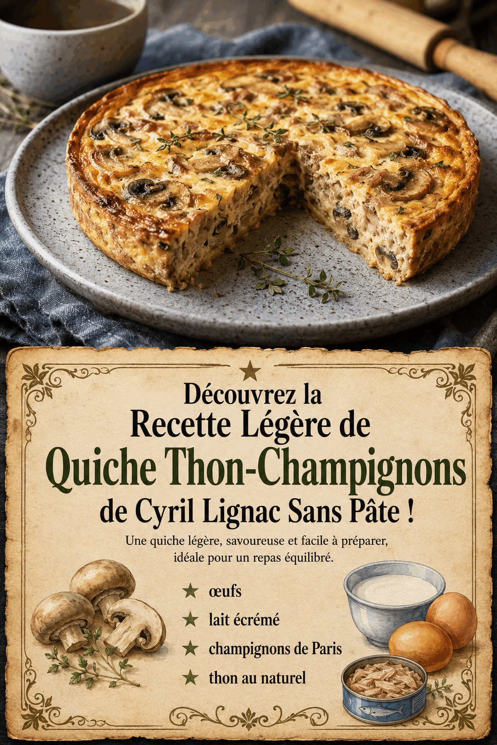 Découvrez la Recette Légère de Quiche Thon-Champignons de Cyril Lignac Sans Pâte !