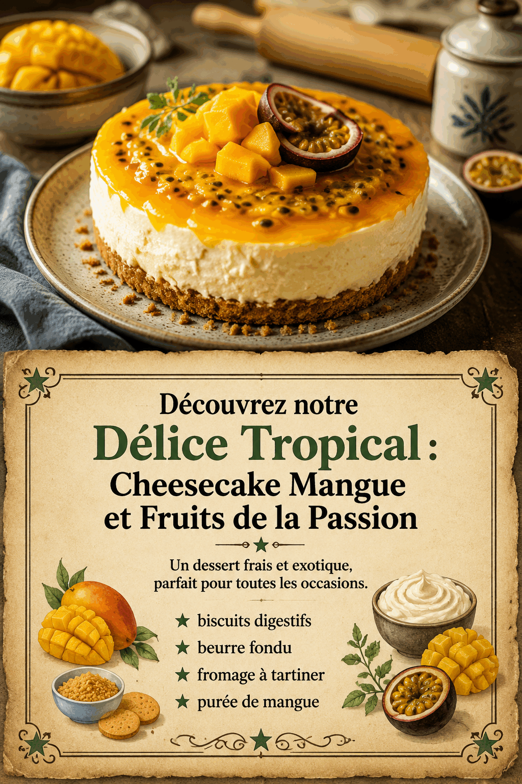 Découvrez notre Délice Tropical : Cheesecake Mangue et Fruits de la Passion