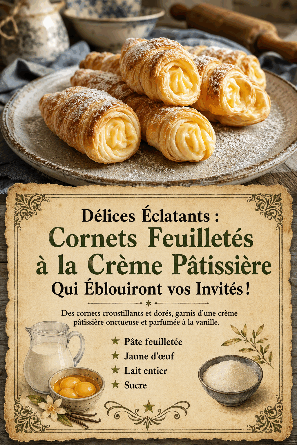 Délices Éclatants : Cornets Feuilletés à la Crème Pâtissière Qui Éblouiront vos Invités !