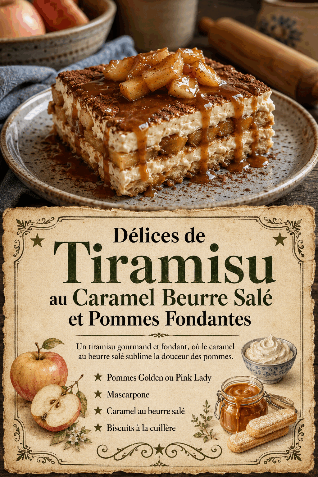 Délices de Tiramisu au Caramel Beurre Salé et Pommes Fondantes