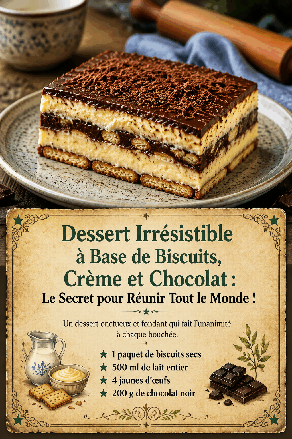 Dessert Irrésistible à Base de Biscuits, Crème et Chocolat : Le Secret pour Réunir Tout le Monde !