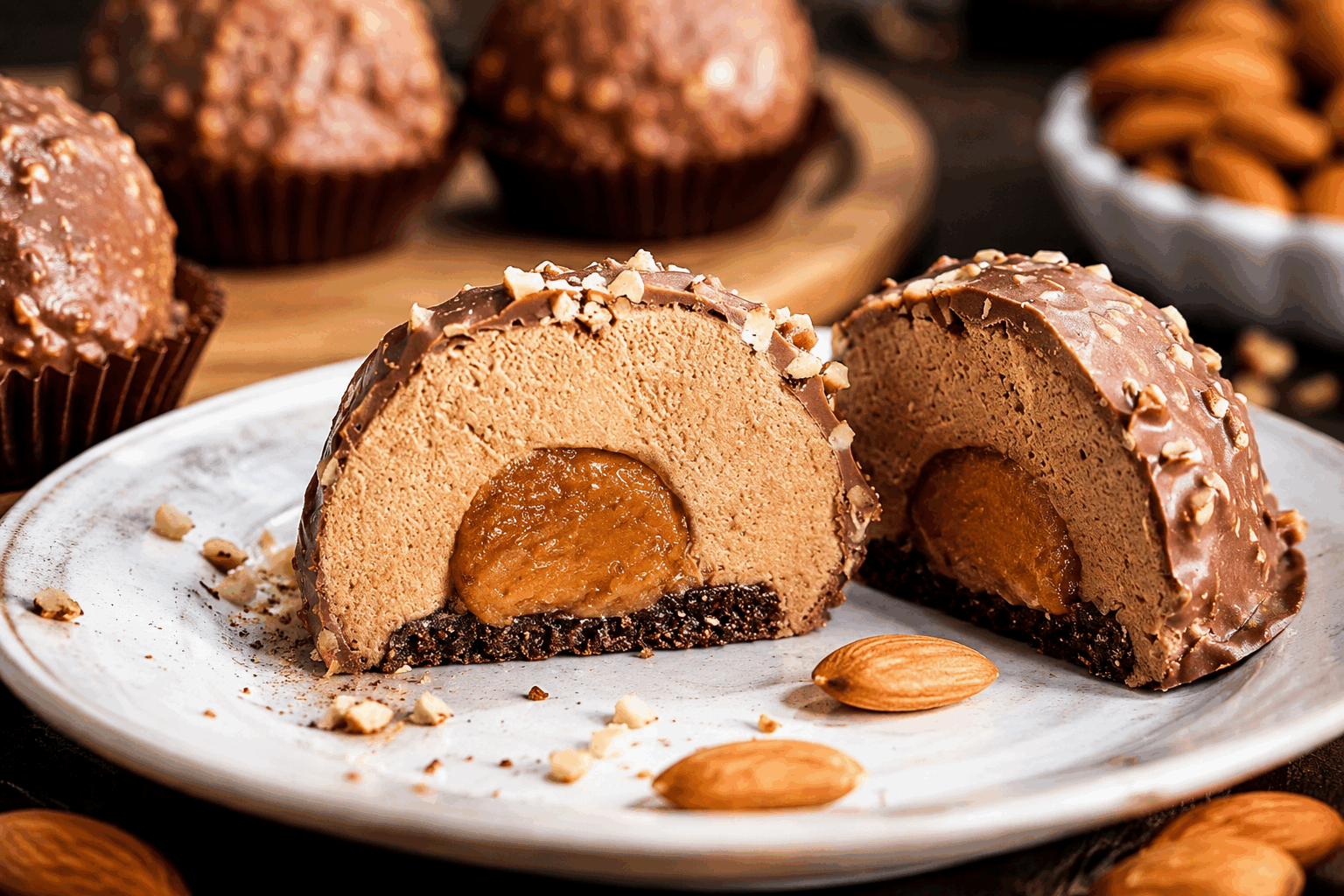 Dôme façon Ferrero Rocher : seulement 5 ingrédients pour un dessert qui fond en bouche 👌 Description Ce dôme gourmand, inspiré du célèbre Ferrero Rocher, allie le croquant des noisettes et du chocolat au fondant d’une mousse légère. Facile à réaliser avec seulement cinq ingrédients, il ravira les amateurs de desserts raffinés et fondants. Parfait pour terminer un repas en beauté ou pour impressionner vos invités lors d’occasions spéciales. Informations Temps de préparation : 25 minutes Temps de cuisson : 10 minutes Nombre de portions : 6 personnes Difficulté : Facile Ingrédients Pour le croustillant 100 g de noisettes entières 80 g de chocolat au lait 50 g de crêpes dentelle (gavottes) Pour la mousse au chocolat 150 g de chocolat noir 20 cl de crème liquide entière très froide Préparation Préchauffe le four à 180°C. Étale les noisettes sur une plaque et torréfie-les 10 minutes en remuant à mi-cuisson. Laisse-les refroidir, puis hache-les grossièrement. Fais fondre le chocolat au lait au bain-marie ou au micro-ondes par petites impulsions. Ajoute les noisettes hachées et les crêpes dentelle émiettées, puis mélange bien pour obtenir un croustillant homogène. Dépose ce croustillant dans des moules demi-sphères en silicone, en pressant légèrement pour former la base et les parois fines. Place au frais le temps de préparer la mousse. Fais fondre le chocolat noir au bain-marie puis laisse tiédir. Monte la crème liquide en chantilly ferme à l’aide d’un fouet électrique. Incorpore délicatement le chocolat fondu tiédi à la chantilly à l’aide d’une spatule en soulevant la masse. Remplis les moules en silicone contenant le croustillant avec la mousse au chocolat, jusqu’en haut. Lisse la surface puis mets au congélateur au moins 4 heures (idéalement une nuit) pour solidifier complètement. Au moment de servir, démoule délicatement les dômes en faisant preuve de patience. Laisse-les décongeler 15 minutes à température ambiante avant de déguster. Astuces Utilise un chocolat de qualité pour un goût optimal et une texture parfaitement lisse dans la mousse. Pour faciliter le démoulage, passe brièvement le fond des moules sous l’eau tiède avant de retourner les dômes. Tu peux remplacer les noisettes par des amandes ou des noix de pécan selon tes préférences. Si tu manques de temps, conserve les dômes au congélateur et sors-les 15 minutes avant la dégustation. Service Dispose les dômes sur des assiettes individuelles, décorés d’un filet de chocolat fondu ou de copeaux de chocolat. Accompagne-les d’un coulis de framboise ou d’une crème anglaise légère pour apporter une touche fruitée et fraîche. Ce dessert est parfait pour une soirée festive ou un repas en famille.