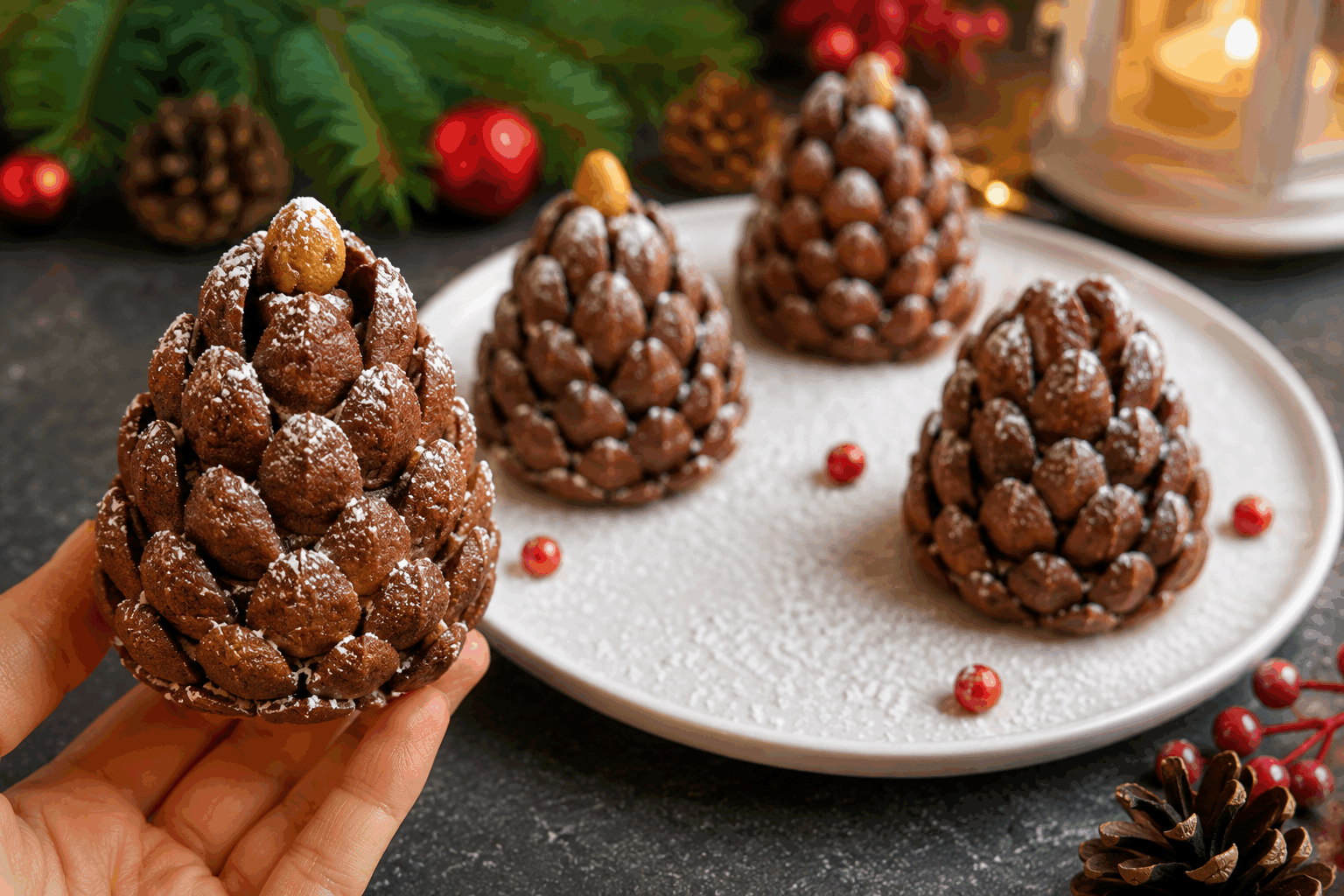 En seulement 10 minutes, réalisez ce dessert pomme de pin magique pour Noël ! ✨ Description Ce dessert festif en forme de pomme de pin est à la fois original et rapide à préparer. Il allie douceur, croustillant et une jolie présentation qui évoque la magie de Noël, parfaite pour émerveiller vos invités en un rien de temps. Facile et ludique, ce dessert se compose de croustillants sapins en biscuit et d’une garniture crémeuse aux pommes, parfumée aux épices douces. Informations Temps de préparation : 8 minutes Temps de cuisson : 2 minutes (facultatif pour le biscuit ou caramel) Nombre de portions : 4 pièces Difficulté : Facile Ingrédients Pour la base et la décoration 100 g de biscuits sablés type petits-beurre ou spéculoos 50 g d’amandes effilées 2 cuillères à soupe de miel liquide Quelques pépites de chocolat noir Pour la garniture pomme-épicée 2 pommes Golden 1 cuillère à soupe de sucre roux 1/2 cuillère à café de cannelle en poudre 1/4 cuillère à café de gingembre en poudre 10 ml de jus de citron 20 g de beurre doux 100 ml de crème fraîche entière liquide 1 cuillère à café de sucre glace Préparation Épluche les pommes, coupe-les en petits dés et arrose-les immédiatement de jus de citron pour éviter qu’elles ne brunissent. Dans une petite poêle, fais fondre le beurre, ajoute les dés de pommes, le sucre roux, la cannelle et le gingembre. Fais revenir à feu moyen 3 à 4 minutes en remuant pour que les pommes deviennent tendres mais gardent un léger croquant. Laisse refroidir la préparation aux pommes à température ambiante. Mixez finement les biscuits sablés. Ajoute le miel et mélange bien jusqu’à obtenir une pâte collante et malléable. Forme des cônes ou des formes de pomme de pin avec cette pâte en les pressant fermement, puis incruste délicatement les amandes effilées sur les cônes en les disposant en couches inclinées pour imiter les écailles. Monte la crème fraîche en chantilly ferme avec le sucre glace et réserve-la au frais. Pour le montage : place la préparation de pommes épicées sur un joli plat, dépose une couche de chantilly par-dessus ou dans une poche à douille pour un effet esthétique. Dispose les cônes « pomme de pin » autour ou au centre du plat. Termine en déco avec quelques pépites de chocolat mimant les petites baies ou glands sur la pomme de pin. Astuces Utilise des biscuits naturellement parfumés comme les spéculoos pour renforcer l’esprit de Noël. Pour une touche encore plus gourmande, ajoute une pointe de caramel beurre salé sur les pommes une fois ensemencées dans les cônes. Si tu n’as pas de chantilly maison, une crème fouettée déjà prête fonctionne aussi très bien pour cette recette express. Conserve ce dessert au frais et sers-le rapidement pour garder le croustillant des biscuits et la fraîcheur des pommes. Service Sers ce dessert magique sur un joli plateau décoré de branches de sapin ou de confettis dorés pour renforcer l’esprit festif. Il accompagne parfaitement un café ou un thé de Noël, idéal pour une pause gourmande lors d’une veillée ou un réveillon convivial.