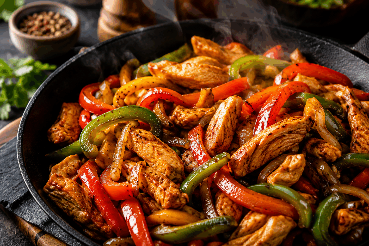Fajitas au poulet prêtes en 10 minutes, la recette express qui régale à coup sûr 🔥 Description Les fajitas au poulet sont un plat tex-mex coloré et savoureux, rapide à préparer. Ce plat express combine des morceaux de poulet grillé, des poivrons croquants et des oignons fondants, servis dans des tortillas chaudes. Idéal pour un repas convivial et gourmand en semaine ou entre amis. Informations Temps de préparation : 5 minutes Temps de cuisson : 5 minutes Nombre de portions : 4 personnes Difficulté : Facile Ingrédients Pour la garniture au poulet 400 g de blancs de poulet 1 poivron rouge 1 poivron vert 1 oignon moyen 2 cuillères à soupe d’huile d’olive 1 cuillère à café de paprika 1 cuillère à café de cumin moulu 1/2 cuillère à café de piment en poudre (ajuster selon goût) Sel et poivre noir du moulin Autres ingrédients 8 tortillas de blé (taille moyenne) 100 g de cheddar râpé (optionnel) Quelques feuilles de coriandre fraîche 1 citron vert Crème fraîche ou guacamole pour servir (optionnel) Préparation Coupe le poulet en fines lanières régulières pour une cuisson rapide et homogène. Émince finement les poivrons et l’oignon. Fais chauffer l’huile d’olive dans une grande poêle à feu vif. Ajoute le poulet, saupoudre de paprika, cumin, piment, sel et poivre. Saisis 3 minutes en remuant souvent pour bien dorer. Incorpore les poivrons et l’oignon, poursuis la cuisson 2 minutes jusqu’à ce qu’ils soient légèrement tendres mais encore croquants. Réchauffe les tortillas quelques secondes au micro-ondes ou à la poêle pour qu’elles soient souples. Répartis la garniture au poulet sur chaque tortilla, ajoute un peu de cheddar râpé et de coriandre. Ajoute un filet de jus de citron vert pour apporter de la fraîcheur. Roulez les tortillas et sers immédiatement, accompagnées de crème fraîche ou guacamole si tu le souhaites. Astuces Pour gagner du temps, utilise des lanières de poulet déjà prêtes ou des restes de poulet rôti. Si tu préfères une version moins épicée, réduis la quantité de piment ou remplace-le par du paprika doux. Pour plus de saveurs, prépare une marinade rapide : mélange huile, jus de citron vert, ail en poudre, cumin et paprika, et laisse mariner le poulet 10 minutes avant cuisson. Tu peux varier les garnitures en ajoutant du maïs, des tomates cerises ou de l’avocat en dés. Service Servez les fajitas au poulet chaudes, accompagnées d’une salade verte fraîche ou d’un guacamole maison. Ce plat express et convivial est parfait pour un dîner improvisé, un déjeuner rapide ou un repas à partager entre amis. Prévoyez des serviettes, car ces fajitas se dégustent souvent avec les mains !