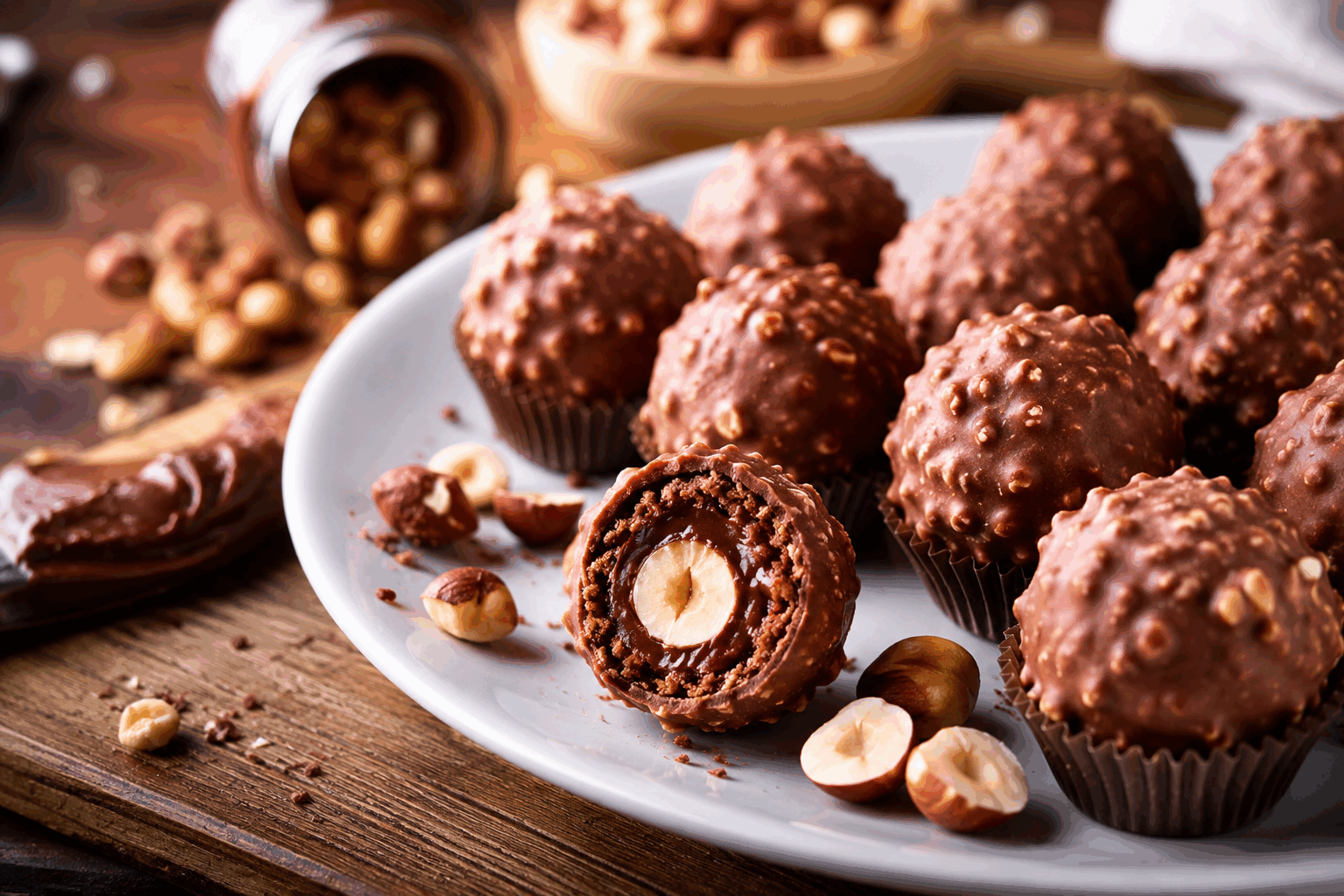 Ferrero Rocher maison en 10 minutes, sans cuisson et qui fond dans la bouche ✨😍 Description Ces délicieux Ferrero Rocher maison sont des gourmandises rapides à préparer, sans cuisson, qui combinent une coque croustillante, un cœur fondant aux noisettes et une enrobure chocolatée. Parfaits pour un goûter, une fête ou une idée cadeau gourmande, ils offrent une explosion de saveurs et une texture délicatement fondante en bouche. Informations Temps de préparation : 10 minutes Temps de cuisson : 0 minute Nombre de portions : 12 pièces Difficulté : Facile Ingrédients Pour les boules pralinées 150 g de biscuits secs (type petits-beurre ou biscuits sablés) 100 g de pâte de noisettes ou praliné 80 g de chocolat au lait 12 noisettes entières torréfiées Pour l’enrobage 150 g de chocolat au lait 50 g de noisettes concassées grossièrement Préparation Mixez finement les biscuits secs jusqu’à obtenir une poudre homogène. Faites fondre le chocolat au lait au bain-marie ou au micro-ondes par touches de 30 secondes, en remuant entre chaque passage. Mélangez la poudre de biscuits, la pâte de noisettes et le chocolat fondu jusqu’à obtenir une pâte homogène légèrement collante. Formez des boules d’environ 20 g avec la pâte, puis insérez une noisette entière au centre de chaque boule. Roulez à nouveau pour refermer parfaitement. Mettez les boules au frais pendant 5 minutes pour qu’elles raffermissent légèrement. Faites fondre le chocolat destiné à l’enrobage de la même manière que précédemment. Trempez chaque boule dans le chocolat fondu, puis roulez-la immédiatement dans les noisettes concassées pour apporter du croquant. Déposez les Ferrero Rocher sur une grille ou sur du papier sulfurisé et laissez durcir à température ambiante ou au réfrigérateur pendant 10 à 15 minutes. Astuces Utilisez des biscuits secs peu sucrés pour équilibrer la douceur et conserver le goût de la noisette. Pour une version plus gourmande, ajoutez un peu de poudre de cacao dans la pâte pralinée. Veillez à ne pas trop chauffer le chocolat pour éviter qu’il ne brûle et perde son onctuosité. Conservez les Ferrero Rocher maison dans une boîte hermétique à température ambiante, à l’abri de l’humidité, pendant 3 à 4 jours. Service Présentez les Ferrero Rocher maison dans des caissettes en papier dorées, sur un plateau élégant, lors d’un goûter, d’une fête ou comme petits cadeaux gourmands de dernière minute. Ils accompagnent parfaitement un café, un thé ou un verre de vin doux pour un moment de douceur inoubliable.
