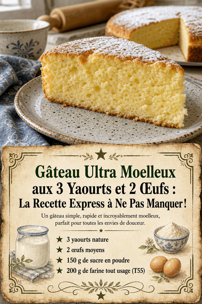 Gâteau Ultra Moelleux aux 3 Yaourts et 2 Œufs : La Recette Express à Ne Pas Manquer !