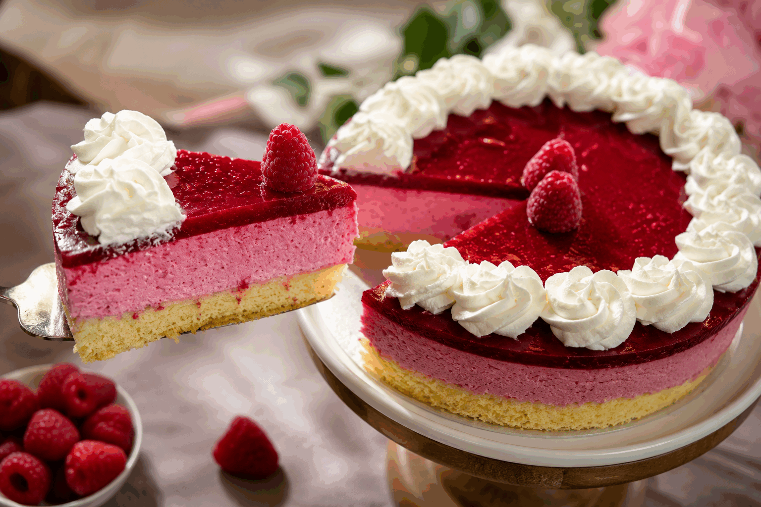 Gâteau mousse framboises : la recette légère et rapide qui fond en bouche 😍 Description Ce gâteau mousse framboises est un dessert frais et aérien, alliant la douceur d’une génoise légère à l’acidité délicate des framboises. Sa texture mousseuse fond littéralement en bouche, offrant une expérience gourmande et légère idéale pour les beaux jours ou les occasions festives. Facile et rapide à réaliser, ce gâteau ravira les amateurs de pâtisseries fruitées et raffinées. Informations Temps de préparation : 25 minutes Temps de cuisson : 15 minutes Nombre de portions : 8 personnes Difficulté : Facile Ingrédients Pour la génoise 3 œufs 90 g de sucre en poudre 90 g de farine 1 pincée de sel Pour la mousse framboises 300 g de framboises fraîches ou surgelées 100 g de sucre 20 cl de crème liquide entière bien froide 3 feuilles de gélatine (soit 6 g) 1 cuillère à soupe de jus de citron Pour la décoration Quelques framboises fraîches Feuilles de menthe (optionnel) Préparation Préchauffe le four à 180°C (th.6). Prépare la génoise : bats les œufs avec le sucre au bain-marie jusqu’à ce que le mélange soit tiède et mousseux. Retire du bain-marie et fouette jusqu’à refroidissement et triplement de volume. Incorpore délicatement la farine tamisée et la pincée de sel à la spatule pour ne pas casser l’air dans la pâte. Verse la pâte dans un moule à charnière de 20 cm beurré ou recouvert de papier sulfurisé, puis enfourne 15 minutes. Vérifie la cuisson avec la pointe d’un couteau. Laisse refroidir sur une grille. Fais ramollir la gélatine dans un bol d’eau froide pendant 10 minutes. Mixe les framboises avec le sucre et le jus de citron, puis passe la purée au tamis pour enlever les graines. Fais chauffer une petite partie de la purée de framboises (environ 3 cuillères à soupe) et incorpore la gélatine essorée jusqu’à dissolution complète. Mélange ce liquide à la purée de framboises restante puis laisse tiédir à température ambiante. Fouette la crème liquide bien froide en chantilly ferme. Incorpore délicatement la chantilly à la purée de framboises tiède en soulevant la préparation pour garder la légèreté. Verse cette mousse sur la génoise dans le moule et lisse le dessus avec une spatule. Place le gâteau au réfrigérateur pendant au moins 4 heures, idéalement toute une nuit, pour que la mousse prenne bien. Au moment de servir, décore avec quelques framboises fraîches et éventuellement des feuilles de menthe. Astuces Pour une génoise encore plus moelleuse, tamise la farine avant de l’incorporer. Utilise de la crème très froide pour monter une chantilly ferme et stable. Si tu n’as pas de gélatine, remplace-la par de l’agar-agar (1 g), que tu feras bouillir avec la purée de fruits. Tu peux varier les fruits selon la saison, en remplaçant les framboises par des fraises ou des mûres. Service Sers ce gâteau mousse framboises frais, idéalement après un repas léger. Présente-le dans un plat à gâteau avec un couteau chaud pour des parts nettes. Ce dessert s’accompagne parfaitement d’un coulis de fruits rouges ou d’un thé glacé. Parfait pour une fête d’été, un anniversaire ou une occasion spéciale en quête de douceur fraîche et légère.