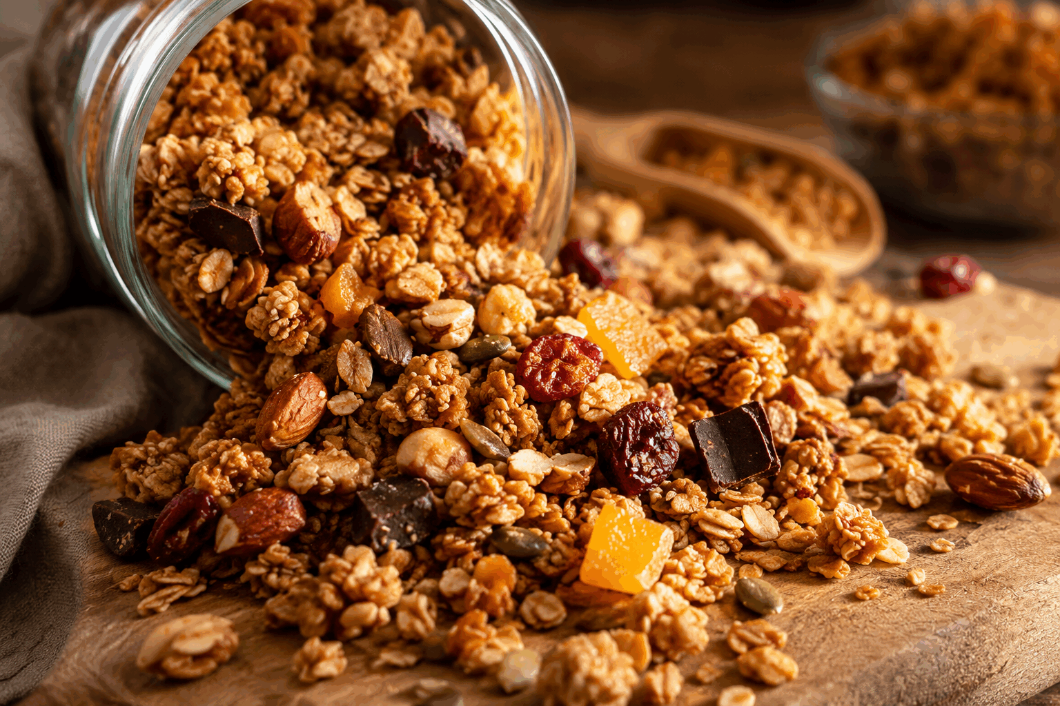 Granola maison en 5 minutes : la recette simple qui va vous surprendre ✨👌 Description Ce granola maison se prépare en un temps record pour un petit-déjeuner ou une collation saine et croustillante. Sa texture dorée et croquante, associée à une légère touche sucrée et des saveurs de fruits secs, ravira les palais à toute heure. Parfait pour les matins pressés ou pour accompagner un yaourt nature ou des fruits frais. Informations Temps de préparation : 5 minutes Temps de cuisson : 5 minutes Nombre de portions : 4 personnes Difficulté : Facile Ingrédients Base Granola 150 g de flocons d’avoine 30 g de noix (amandes, noisettes ou noix de pécan), grossièrement hachées 20 g de graines de tournesol ou de courge 1 cuillère à soupe d’huile de coco fondue ou d’huile d’olive douce 2 cuillères à soupe de miel ou de sirop d’érable 1 cuillère à café d’extrait de vanille 1 pincée de sel Ajouts optionnels 30 g de fruits secs (raisins, cranberries, abricots coupés) 1 cuillère à café de cannelle en poudre Préparation Préchauffe le four à 180°C en mode chaleur tournante. Dans un grand bol, mélange les flocons d’avoine, les noix, les graines, le sel, et la cannelle si utilisée. Dans un petit bol, combine l’huile fondue, le miel (ou sirop d’érable) et l’extrait de vanille. Verse le mélange liquide sur les ingrédients secs et mélange bien pour que tout soit uniformément enrobé. Répartis le granola en une couche uniforme sur une plaque recouverte de papier sulfurisé. Enfourne pour 5 minutes en surveillant bien la coloration, puis retire du four et mélange légèrement pour éviter les morceaux trop durs. Laisse refroidir sur la plaque, puis incorpore les fruits secs si désiré. Astuces Pour un granola bien croustillant, évite de le cuire trop longtemps, 5 minutes suffisent avec un four chaud. Tu peux varier les fruits secs et les noix selon les saisons et tes goûts personnels. Conserve le granola dans une boîte hermétique à température ambiante pour garder tout son croquant jusqu’à 2 semaines. Remplace le miel par du sirop d’agave pour une version vegan. Service Sers ce granola maison avec un yaourt nature ou un fromage blanc, ajoute des fruits frais de saison comme des baies ou une banane coupée. Il est aussi parfait en topping sur une salade de fruits ou mélangé à du lait froid pour un petit-déjeuner rapide et sain.