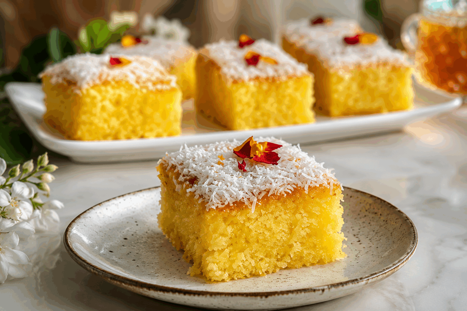 La basboussa à l'orange de ma grand-mère, fondante et pleine de douceur 🍊👌 Description La basboussa est un gâteau traditionnel moyen-oriental à base de semoule, délicieusement imbibé d’un sirop parfumé. Cette version à l’orange apporte une touche fruitée et fraîche qui équilibre la douceur sucrée, pour un résultat fondant et irrésistible. Idéale pour un goûter convivial ou un dessert après un repas en famille. Informations Temps de préparation : 15 minutes Temps de cuisson : 35 minutes Nombre de portions : 8 parts Difficulté : Facile Ingrédients Pour la basboussa 250 g de semoule fine 150 g de sucre 100 g de beurre fondu 100 g de yaourt nature 100 ml de jus d’orange frais 1 orange non traitée (zeste râpé) 1 sachet de levure chimique (7 g) 1 cuillère à café d’extrait de vanille Une pincée de sel Quelques amandes entières (facultatif, pour décorer) Pour le sirop à l’orange 200 g de sucre 250 ml d’eau 100 ml de jus d’orange frais Le zeste d’une orange 1 cuillère à soupe de jus de citron Préparation Préchauffe le four à 180°C (chaleur statique). Dans un grand saladier, mélange la semoule, le sucre, la levure chimique, le sel et le zeste d’orange. Ajoute le beurre fondu, le yaourt, le jus d’orange et l’extrait de vanille. Mélange bien jusqu’à obtenir une pâte homogène. Verse la préparation dans un moule carré ou rectangulaire préalablement beurré et égalise la surface avec une spatule. Trace des carrés ou losanges dans la pâte à l’aide d’un couteau, puis dépose une amande au centre de chaque morceau si désiré. Enfourne pour environ 35 minutes, jusqu’à ce que la surface soit légèrement dorée. Pendant la cuisson, prépare le sirop : porte à ébullition l’eau, le sucre, le jus d’orange, le jus de citron et le zeste d’orange dans une casserole. Laisse frémir 10 minutes puis retire du feu et laisse tiédir. À la sortie du four, arrose immédiatement la basboussa avec le sirop tiède, afin qu’elle l’absorbe bien et devienne fondante. Laisse refroidir complètement avant de découper définitivement et de servir. Astuces Utilise de la semoule fine pour une texture plus douce et fondante. Pense à bien arroser la basboussa dès la sortie du four, le sirop chaud aidant à pénétrer dans le gâteau. Le yaourt apporte du moelleux, mais tu peux le remplacer par du lait fermenté ou du lait ribot. Pour un goût encore plus prononcé, ajoute un peu de fleur d’oranger dans le sirop. Service Sers la basboussa à température ambiante, idéale avec un thé à la menthe ou un café. Ce gâteau parfumé et moelleux fait aussi un excellent dessert pour les repas en famille ou entre amis, apportant une touche d’originalité et de douceur à la fin du repas.