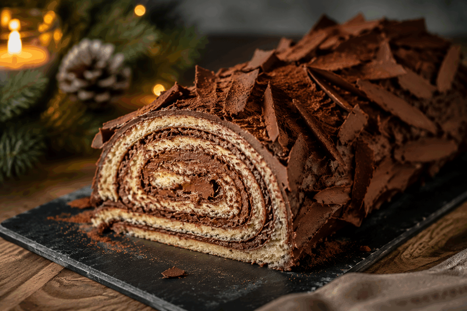 La bûche roulée chocolat café qui fond en bouche en seulement 5 minutes de préparation ✨ Description Cette bûche roulée allie la richesse profonde du chocolat à la subtilité du café pour un dessert à la fois gourmand et délicat. Sa texture fondante et moelleuse ravira les palais lors des fêtes de fin d’année ou de toute occasion spéciale. Sa rapidité de préparation en fait un choix idéal pour un dessert improvisé mais élégant. Informations Temps de préparation : 5 minutes Temps de cuisson : 10 minutes Nombre de portions : 6 personnes Difficulté : Facile Ingrédients Pour la génoise au chocolat 3 œufs 90 g de sucre en poudre 60 g de farine 30 g de cacao en poudre non sucré 1 pincée de sel Pour la garniture au café et chocolat 200 g de chocolat noir 20 cl de crème liquide entière 2 cuillères à soupe de café expresso fort 30 g de beurre doux Préparation Préchauffe le four à 180°C (thermostat 6). Tapisse une plaque à pâtisserie de papier sulfurisé. Sépare les blancs des jaunes d’œufs. Monte les blancs en neige ferme avec la pincée de sel. Fouette les jaunes avec le sucre jusqu’à ce que le mélange blanchisse. Incorpore délicatement la farine et le cacao tamisés au mélange de jaunes, puis ajoute doucement les blancs en neige pour ne pas casser la pâte. Étale la pâte uniformément sur la plaque en formant un rectangle d’environ 30 x 25 cm. Enfourne pour 9 à 10 minutes : la génoise doit rester souple et légèrement moelleuse. Pendant la cuisson, prépare la ganache : fais chauffer la crème avec le café, puis verse-la sur le chocolat haché. Remue jusqu’à obtention d’une crème lisse, puis incorpore le beurre pour la rendre brillante. Dès la sortie du four, retourne la génoise sur un torchon propre et humide. Retire délicatement le papier sulfurisé. Étale la ganache au café sur toute la surface de la génoise, puis roule-la délicatement en serrant légèrement pour former la bûche. Place au frais au moins 1 heure avant de servir pour que la ganache fige légèrement et que les saveurs s’amalgament. Astuces Humidifie légèrement le torchon avant de rouler la génoise pour éviter qu’elle ne colle ou se fissure. Utilise un café bien fort pour que la saveur soit perceptible sans dominer le chocolat. Pour gagner du temps, tu peux préparer la ganache à l’avance, elle se conserve bien au réfrigérateur. Si tu préfères une version plus légère, remplace la ganache par une mousse au café aérienne. Service Sers cette bûche roulée coupée en tranches épaisses, accompagnée d’une boule de glace vanille ou d’un coulis de fruits rouges pour un contraste de fraîcheur. Parfait pour clôturer un repas convivial, à partager entre amis ou en famille lors des fêtes.