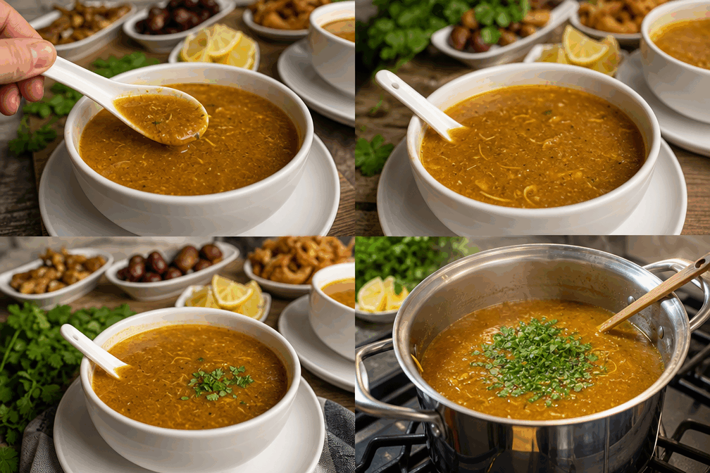 La harira de ma grand-mère : une soupe marocaine réconfortante en 30 minutes 🍲✨ Description La harira est une soupe traditionnelle marocaine riche et savoureuse, parfaite pour les soirées fraîches et les repas de rupture du jeûne pendant le Ramadan. Elle allie des saveurs de tomates, coriandre, et épices douces, avec une texture légèrement épaisse grâce aux légumineuses et à la farine. Cette version express, inspirée de la recette familiale de ma grand-mère, est prête en seulement 30 minutes, idéale pour un repas rapide mais réconfortant. Informations Temps de préparation : 15 minutes Temps de cuisson : 15 minutes Nombre de portions : 4 personnes Difficulté : Facile Ingrédients Pour la soupe 200 g de viande d'agneau ou de bœuf hachée 50 g de lentilles corail 50 g de pois chiches précuits 2 tomates mûres mixées 1 oignon moyen finement haché 2 branches de céleri hachées 1 bouquet de coriandre fraîche hachée 1 bouquet de persil plat haché 2 cuillères à soupe d'huile d'olive 1 cuillère à soupe de concentré de tomates 1 cuillère à café de gingembre en poudre 1 cuillère à café de curcuma 1 cuillère à café de cannelle en poudre 1/2 cuillère à café de poivre noir 1 litre d'eau 3 cuillères à soupe de farine de blé Le jus d'1/2 citron Sel selon goût Préparation Chauffe l'huile d'olive dans une grande casserole à feu moyen et fais revenir l'oignon, le céleri, puis la viande hachée jusqu'à ce qu'elle soit légèrement dorée. Ajoute les tomates mixées, le concentré de tomates et toutes les épices (gingembre, curcuma, cannelle, poivre) puis mélange bien pour libérer les arômes pendant 2 minutes. Verse l'eau, puis ajoute les lentilles corail et les pois chiches précuits. Porte à ébullition, puis baisse le feu et laisse mijoter 10 minutes à couvert. Dans un bol, dilue la farine avec un peu d'eau froide jusqu’à obtention d’un mélange lisse. Incorpore ce mélange progressivement à la soupe en remuant constamment pour éviter les grumeaux et épaissir la harira. Ajoute la coriandre et le persil hachés, puis ajuste le sel. Laisse cuire encore 3 à 5 minutes à feu doux sans cesser de remuer. Termine en ajoutant le jus de citron juste avant de servir pour relever les saveurs. Astuces Utilise des pois chiches précuits pour gagner du temps sans sacrifier la texture. Remue constamment lors de l’ajout de la farine diluée pour éviter la formation de grumeaux. Tu peux remplacer la viande par du poulet pour une version plus légère. Laisse la harira reposer quelques minutes avant de servir, elle sera encore plus savoureuse. Service Servez la harira bien chaude, accompagnée de dattes et de crêpes marocaines (msemen) pour un repas traditionnel. Cette soupe est parfaite pour une soirée conviviale ou un repas réparateur après une longue journée.