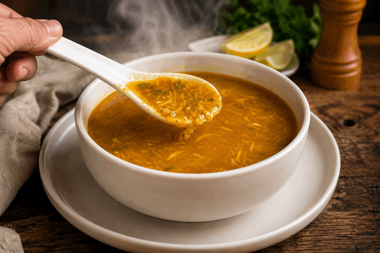 La harira marocaine de ma grand-mère, un trésor du Ramadan qui réchauffe le cœur 🌙 Description La harira est une soupe traditionnelle marocaine, riche et parfumée, souvent servie pour rompre le jeûne pendant le Ramadan. Cette version familiale, transmise de génération en génération, mêle lentilles, pois chiches, viande et une sauce tomate relevée d'épices douces. Son goût chaleureux et sa texture onctueuse en font un véritable réconfort pour le corps et l’âme. Informations Temps de préparation : 30 minutes Temps de cuisson : 90 minutes Nombre de portions : 6 personnes Difficulté : Moyenne Ingrédients Pour la soupe 200 g de viande de bœuf ou d'agneau (épaule, coupée en petits morceaux) 100 g de lentilles vertes 100 g de pois chiches trempés la veille 2 tomates mûres pelées et concassées 1 gros oignon finement haché 50 g de céleri branche haché 1 bouquet de coriandre fraîche hachée 1 bouquet de persil plat haché 2 cuillères à soupe de concentré de tomates 100 g de vermicelles fins 2 cuillères à soupe d'huile d'olive 1 cuillère à café de gingembre en poudre 1 cuillère à café de curcuma 1 cuillère à café de cannelle en poudre 1 cuillère à café de paprika doux 1 pincée de safran (facultatif) Sel et poivre noir du moulin 2 litres d’eau Pour le mélange farine-épices (liant) 2 cuillères à soupe de farine de blé 100 ml d’eau froide 1 cuillère à café de coriandre moulue Préparation Fais chauffer l'huile d'olive dans une grande marmite à feu moyen et ajoute l'oignon haché. Fais-le revenir jusqu'à ce qu'il soit translucide. Ajoute la viande coupée, fais-la dorer légèrement en remuant pendant 5 minutes. Incorpore ensuite le céleri, la coriandre, le persil, les épices (gingembre, curcuma, cannelle, paprika, safran), puis mélange bien. Ajoute les tomates concassées et le concentré de tomates, et laisse mijoter 5 minutes pour que les saveurs se développent. Verse les 2 litres d'eau, puis ajoute les lentilles et les pois chiches trempés. Porte à ébullition, puis baisse le feu et laisse cuire à couvert pendant 60 minutes, en remuant de temps en temps. Prépare le liant : dans un bol, dilue la farine dans 100 ml d'eau froide, ajoute la coriandre moulue en remuant pour éviter les grumeaux. Verse lentement ce mélange dans la soupe tout en remuant vivement pour épaissir doucement la harira. Prolonge la cuisson de 10 minutes. Incorpore enfin les vermicelles et laisse cuire encore 5 à 10 minutes jusqu’à ce qu’ils soient tendres. Rectifie l’assaisonnement en sel et poivre, puis éteins le feu. Couvre et laisse reposer 5 minutes avant de servir. Astuces Trempe les pois chiches la veille pour qu’ils soient plus tendres et cuisent uniformément. Tu peux remplacer la viande par du poulet pour une version plus légère. Pour une harira plus épaisse, augmente légèrement la quantité de farine dans le liant. Serre la harira avec des quartiers de citron frais et des dattes pour une expérience traditionnelle complète. Service Servez la harira bien chaude, dans des bols profonds, accompagnée de pain marocain (khobz) et de quartiers de citron pour relever le goût. Idéale pour le repas de rupture du jeûne du Ramadan, elle réchauffe et rassasie avec douceur et authenticité.
