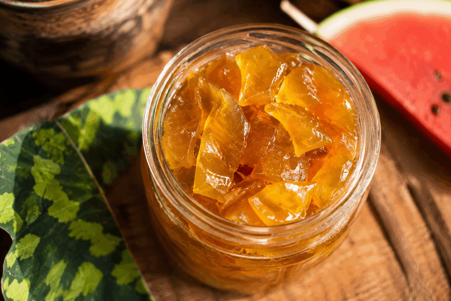 La marmelade d’écorce de pastèque : 5 minutes pour un secret gourmand à ne plus jeter 🔥 Description Cette marmelade innovante utilise l’écorce de pastèque, souvent jetée, pour élaborer un condiment sucré et légèrement acidulé. Facile et rapide à préparer, elle révèle une texture douce et parfumée, idéale pour accompagner vos petits-déjeuners ou desserts. Une façon gourmande et responsable de valoriser toute la pastèque. Informations Temps de préparation : 5 minutes Temps de cuisson : 20 minutes Nombre de portions : 4 à 6 pots Difficulté : Facile Ingrédients Pour la marmelade 600 g d’écorce de pastèque (partie blanche uniquement) 300 g de sucre en poudre 1 citron (jus et zeste) 150 ml d’eau 1 gousse de vanille (facultatif) Préparation Rincez soigneusement l’écorce de pastèque, puis retirez la fine couche verte extérieure avec un économe. Coupez la partie blanche en petits dés. Dans une casserole, versez l’eau, ajoutez le sucre, le jus de citron et les zestes. Fendez la gousse de vanille, grattez les graines et ajoutez-les ainsi que la gousse dans la casserole. Ajoutez les dés d’écorce de pastèque dans la casserole, portez à ébullition à feu moyen, puis réduisez le feu.</ Laissez mijoter doucement pendant environ 15 à 20 minutes en remuant régulièrement, jusqu’à obtenir une texture épaisse et translucide. Retirez la gousse de vanille et versez la marmelade bouillante dans des pots stérilisés. Fermez-les immédiatement et retournez-les pour garantir une bonne conservation. Astuces Pour une marmelade plus lisse, mixez rapidement les morceaux juste avant de la mettre en pots. Variez les saveurs en ajoutant un petit morceau de gingembre frais ou une pincée de cannelle. Conservez les pots dans un endroit frais et à l’abri de la lumière pour prolonger la durée de conservation. Utilisez cette marmelade pour agrémenter toasts, yaourts, fromages frais ou même comme une touche sucrée sur une viande blanche. Service Servez cette marmelade d’écorce de pastèque au petit-déjeuner sur des tartines beurrées ou en accompagnement d’un fromage frais. Elle apporte une touche originale et délicate lors d’un brunch ou d’un goûter gourmand. Idéale aussi pour sublimer un dessert simple comme une panna cotta ou une glace.