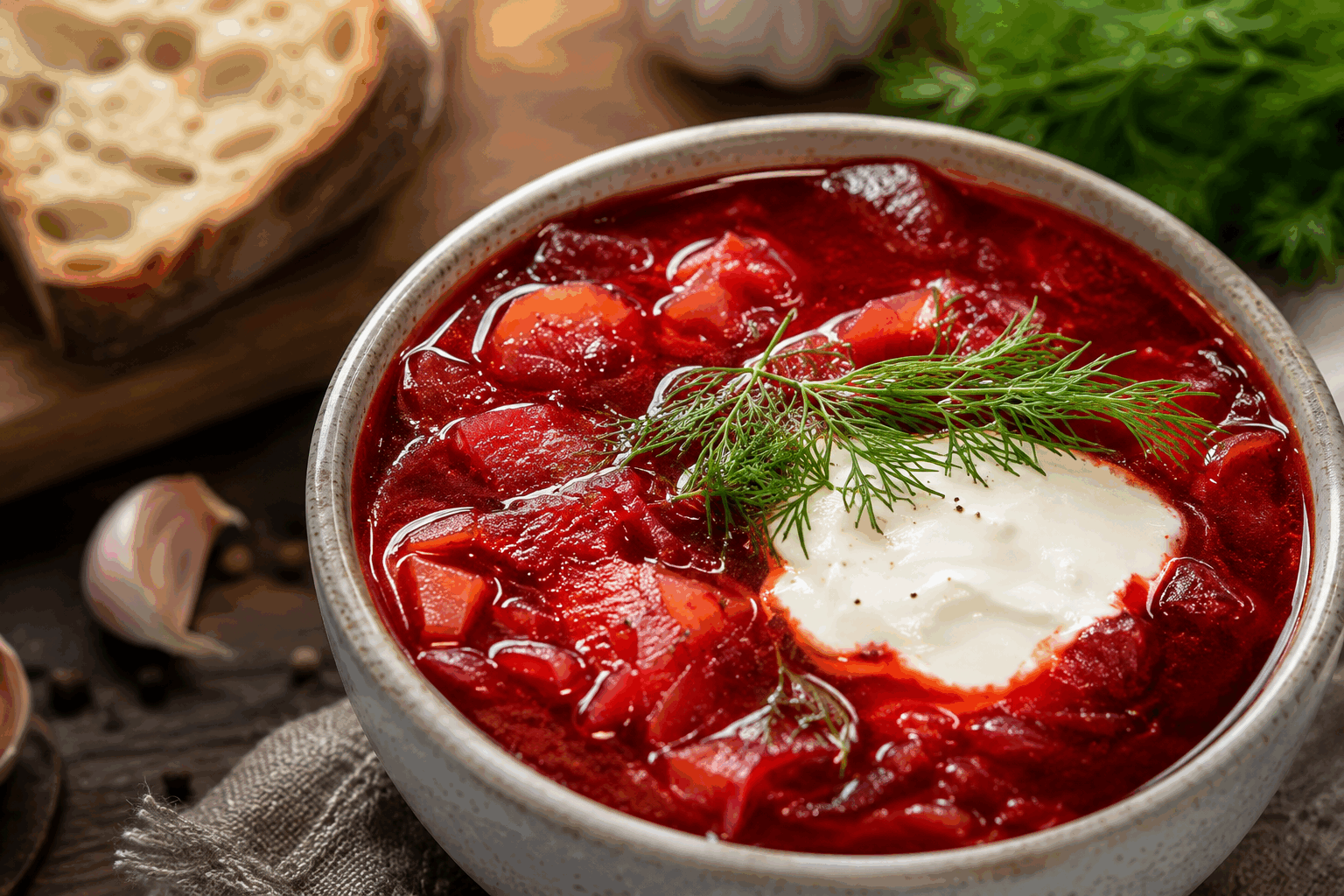 La recette authentique du bortsch ukrainien aux légumes fondants qui réchauffe le cœur ♥️ Description Le bortsch ukrainien est une soupe traditionnelle riche en couleurs et en saveurs, à base de betteraves qui lui donnent sa teinte rouge caractéristique. Ce plat chaleureux et réconfortant mêle légumes fondants et viande savoureuse, parfait pour les journées fraîches où il réchauffe le cœur et rassemble autour de la table. Originaire d’Ukraine, il est un symbole de convivialité et de partage. Informations Temps de préparation : 30 minutes Temps de cuisson : 1 heure 15 minutes Nombre de portions : 6 personnes Difficulté : Moyenne Ingrédients Pour le bouillon 500 g de viande de bœuf avec os (pour un bouillon parfumé) 2,5 litres d'eau 1 oignon moyen 1 carotte 1 feuille de laurier 2 grains de poivre noir 1 branche de céleri 1 pincée de sel Pour les légumes fondants 400 g de betteraves crues 250 g de chou blanc 2 carottes moyennes 2 pommes de terre moyennes 1 oignon moyen 2 gousses d'ail 3 cuillères à soupe de concentré de tomates 3 cuillères à soupe d'huile végétale (tournesol ou colza) 1 cuillère à soupe de vinaigre de cidre 1 cuillère à café de sucre Sel et poivre selon le goût Pour la garniture 150 g de crème fraîche épaisse 1 botte d'aneth frais Préparation Préparez le bouillon : dans une grande marmite, mettez la viande, l'eau, l'oignon entier pelé, la carotte pelée, la branche de céleri, la feuille de laurier et les grains de poivre. Portez à ébullition, écumez les impuretés, puis baissez le feu et laissez mijoter 1 heure à feu doux. Pendant ce temps, épluchez et râpez les betteraves et les carottes. Émincez finement le chou, le poireau (si utilisé) et l’oignon. Coupez les pommes de terre en cubes moyens. Dans une poêle, faites chauffer l'huile, ajoutez l'oignon et l'ail hachés, faites revenir jusqu'à transparence. Ajoutez les betteraves râpées, le concentré de tomates, le vinaigre et le sucre. Laissez mijoter à feu doux pendant 15 minutes en remuant doucement pour bien attendrir les légumes. Filtrez le bouillon, retirez la viande et les légumes de cuisson, puis découpez la viande en dés ou en fines lamelles. Remettez le bouillon clair dans la marmite, ajoutez les pommes de terre et le chou émincé. Faites cuire 15 minutes jusqu’à ce que les pommes de terre soient presque tendres. Incorporez le mélange de betteraves et carottes fondantes, puis ajoutez la viande coupée. Laissez cuire encore 10 minutes à feu doux. Ajustez l’assaisonnement avec le sel et le poivre selon votre goût. Juste avant de servir, ciselez l'aneth frais et préparez la crème fraîche. Astuces Pour garder une belle couleur rouge au bortsch, ajoutez le vinaigre en début de cuisson des betteraves : il empêche la décoloration. Utilisez un bouillon maison pour un goût authentique et profond, mais un bouillon cube de qualité peut dépanner en dépannage. Le bortsch est encore meilleur réchauffé : préparez-le la veille pour que les saveurs se développent pleinement. Pour une version végétarienne, remplacez la viande par des champignons sauvages et un bouillon de légumes riche. Service Servez le bortsch bien chaud dans des bols individuels, accompagné d’une cuillerée généreuse de crème fraîche et d’un peu d’aneth ciselé. Proposez à côté du pain de seigle ou des petits pains maisons pour un repas réconfortant typiquement ukrainien. C’est le plat idéal pour un dîner convivial en famille ou entre amis, lors des journées fraîches d’automne ou d’hiver.