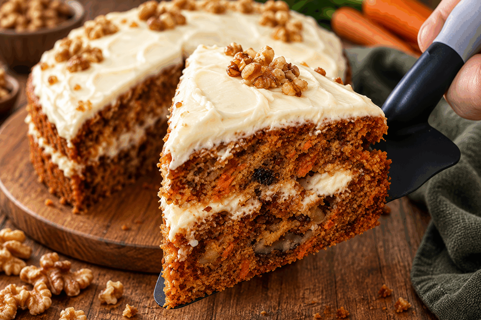 La recette secrète du carrot cake ultra moelleux de grand-mère, prêt en 45 min ! 🔥👌 Description Le carrot cake de grand-mère est un gâteau moelleux et parfumé, généreusement garni de carottes râpées et d'épices douces. Sa texture fondante et sa douceur subtile en font un dessert idéal pour les goûters en famille ou les pauses gourmandes. Cette recette simple et rapide vous transporte dans les souvenirs d’enfance, avec un secret de grand-mère pour un moelleux incomparable. Informations Temps de préparation : 15 minutes Temps de cuisson : 30 minutes Nombre de portions : 8 personnes Difficulté : Facile Ingrédients Pour la pâte 250 g de carottes râpées finement 180 g de farine de blé 150 g de sucre roux 3 œufs 100 ml d’huile végétale (tournesol ou colza) 1 sachet de levure chimique (environ 11 g) 1 cuillère à café de cannelle en poudre 1/2 cuillère à café de muscade râpée 1 pincée de sel 50 g de noix concassées (facultatif) Pour le glaçage 100 g de fromage frais type Philadelphia 50 g de beurre doux mou 80 g de sucre glace 1 cuillère à café d’extrait naturel de vanille Préparation Préchauffe le four à 180°C (thermostat 6). Dans un grand saladier, fouette les œufs avec le sucre roux jusqu’à ce que le mélange blanchisse et devienne mousseux. Ajoute l’huile en filet tout en continuant de mélanger, puis incorpore les carottes râpées. Dans un autre récipient, tamise la farine avec la levure, la cannelle, la muscade et une pincée de sel. Incorpore progressivement ce mélange sec à la préparation humide, sans trop travailler la pâte pour conserver son moelleux. Ajoute les noix concassées si tu le souhaites et mélange délicatement. Verse la pâte dans un moule à cake ou un moule rond chemisé de papier sulfurisé. Enfourne pour 30 minutes environ. Vérifie la cuisson en enfonçant la lame d’un couteau : elle doit ressortir sèche. Laisse refroidir le gâteau sur une grille pendant une dizaine de minutes pendant que tu prépares le glaçage. Pour le glaçage, bats le beurre mou avec le fromage frais jusqu’à obtenir un mélange crémeux. Ajoute le sucre glace tamisé et la vanille, et mélange jusqu’à une consistance lisse. Une fois le carrot cake complètement refroidi, étale délicatement le glaçage sur le dessus à l’aide d’une spatule. Astuces Râpe les carottes très finement pour qu’elles s’intègrent parfaitement et rendent le gâteau plus moelleux. Si tu n’aimes pas les noix, remplace-les par des raisins secs ou omets-les complètement. Pour un glaçage plus léger, remplace une partie du beurre par du yaourt nature bien égoutté. Conserve le carrot cake au réfrigérateur s’il est glacé, il se conserve ainsi 2 à 3 jours sans perdre de sa fraîcheur. Service Servez ce carrot cake en dessert ou au goûter, accompagné d’un thé noir ou d’un café. Présente-le joliment tranché sur une assiette avec une petite décoration de noix ou une pincée de cannelle en poudre. Ce gâteau est aussi parfait pour un goûter convivial en famille ou un pique-nique gourmand.