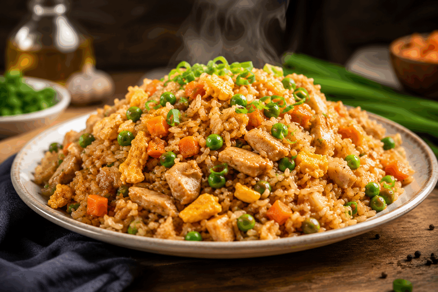 La recette secrète du riz frit chinois en 10 minutes, vous allez adorer ! 🔥👌 Description Le riz frit chinois est un plat rapide, savoureux et réconfortant, parfait pour un repas improvisé. Avec ses grains de riz parfumés, ses légumes croquants et ses morceaux de protéines parfaitement sautés, il séduit par ses saveurs équilibrées et sa texture légère. Cette recette express vous permettra de préparer un riz frit authentique et délicieux en seulement 10 minutes ! Informations Temps de préparation : 5 minutes Temps de cuisson : 5 minutes Nombre de portions : 2 personnes Difficulté : Facile Ingrédients Pour le riz frit 200 g de riz blanc cuit et froid 1 œuf 100 g de poitrine de porc ou de poulet coupée en petits dés 50 g de petits pois surgelés 1 carotte moyenne, coupée en petits dés 2 oignons nouveaux (cives), émincés 2 cuillères à soupe d’huile végétale (huile de tournesol ou de pépins de raisin) 1 cuillère à soupe de sauce soja claire 1 cuillère à café de sauce d’huître (facultatif) 1/2 cuillère à café d’huile de sésame Sel et poivre du moulin Préparation Préchauffe un wok ou une grande poêle à feu vif avec l’huile végétale. Bats l’œuf en omelette et verse-le dans le wok. Brouille rapidement l’œuf, puis réserve sur une assiette. Ajoute les dés de viande dans le wok et fais-les sauter 2 à 3 minutes jusqu’à ce qu’ils soient dorés et cuits. Incorpore les oignons nouveaux, la carotte et les petits pois. Fais sauter 2 minutes pour conserver le croquant des légumes. Ajoute le riz froid et émiette-le avec une spatule pour bien séparer les grains. Fais sauter 2 minutes en remuant constamment. Remets l’œuf brouillé dans le wok. Ajoute la sauce soja, la sauce d’huître, l’huile de sésame, puis mélange bien le tout. Sale et poivre selon ton goût. Sers aussitôt, bien chaud. Astuces Utilise impérativement du riz cuit la veille et refroidi pour un riz frit bien sec et non collant. Varie les protéines selon tes envies : crevettes, tofu ferme ou jambon en dés conviennent aussi très bien. Pour plus de saveurs, fais revenir un peu de gingembre frais râpé avec les légumes. Si tu n’as pas de sauce d’huître, remplace-la par une cuillère à café supplémentaire de sauce soja et un peu de sucre. Service Présente le riz frit directement dans un plat creux ou des bols individuels. Accompagne-le d’une salade verte croquante pour équilibrer le repas. Ce plat est idéal pour un déjeuner rapide ou un dîner convivial en semaine.
