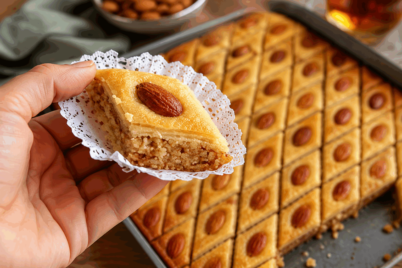 La recette traditionnelle du baklawa aux amandes et cacahuètes, pâte maison garantie 🔥 Description Le baklawa est une pâtisserie orientale aux mille feuilles de pâte fine et croustillante, généreusement garnie d’un mélange d’amandes et de cacahuètes hachées. Sucré et parfumé au miel et à l’eau de fleur d’oranger, ce dessert fondant en bouche est souvent dégusté lors des fêtes et grandes occasions. Informations Temps de préparation : 90 minutes Temps de cuisson : 45 minutes Nombre de portions : 12 pièces Difficulté : Moyenne Ingrédients Pour la pâte 300 g de farine de blé 100 ml d’eau tiède 2 cuillères à soupe d’huile d’olive 1 pincée de sel Pour la garniture 100 g d’amandes mondées, grossièrement hachées 100 g de cacahuètes grillées non salées, hachées 100 g de sucre 1 cuillère à café de cannelle en poudre Pour le sirop 250 g de miel liquide 100 g d’eau 50 g de sucre 1 cuillère à soupe d’eau de fleur d’oranger Pour le beurre 150 g de beurre fondu Préparation Prépare la pâte : mélange la farine et le sel dans un grand saladier. Ajoute l’huile d’olive puis incorpore progressivement l’eau tiède en pétrissant jusqu’à obtenir une pâte lisse et souple. Couvre et laisse reposer 30 minutes. Prépare la garniture : dans un bol, mélange les amandes, les cacahuètes, le sucre et la cannelle. Réserve. Prépare le sirop : dans une casserole, verse l’eau, le sucre et le miel. Chauffe à feu doux jusqu’à dissolution complète du sucre, puis laisse frémir 10 minutes. Hors du feu, incorpore l’eau de fleur d’oranger et laisse refroidir. Divise la pâte en 16 boules égales. Sur un plan fariné, étale chaque boule très finement en forme de disque, puis superpose-les en les badigeonnant généreusement de beurre fondu entre chaque feuille, sauf la dernière. Dépose la moitié des feuilles assemblées dans un plat rectangulaire beurré. Répartis uniformément la garniture sur cette couche. Recouvre avec le reste des feuilles, en huilant aussi chaque couche. À l’aide d’un couteau bien affûté, découpe le baklawa en losanges ou carrés avant cuisson. Enfourne à 180°C (four préchauffé) pour 40 à 45 minutes, jusqu’à ce que la pâte soit bien dorée et croustillante. À la sortie du four, verse immédiatement le sirop froid sur le baklawa chaud, afin qu’il l’imbibe bien. Laisse refroidir complètement plusieurs heures avant de servir pour que les saveurs se mêlent et que le baklawa soit bien tendre. Astuces Étaler la pâte très finement est essentiel pour obtenir la texture traditionnelle feuilletée et croustillante. Utilise un pinceau pour bien badigeonner chaque feuille de beurre, cela garantit une cuisson homogène et un goût riche. La découpe avant cuisson facilite la coupe nette après, car le baklawa devient fragile une fois imbibé. Le sirop doit être versé chaud sur le baklawa chaud pour une meilleure absorption. Service Servez le baklawa à température ambiante, idéalement après un repos de quelques heures. Ce dessert s’accompagne parfaitement d’un thé à la menthe ou d’un café fort. Parfait pour les repas de fête ou pour conclure un repas oriental en douceur et gourmandise.