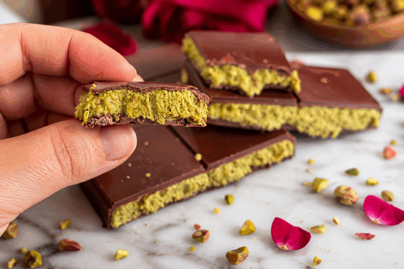La tablette de chocolat pistache de Dubaï, prête en 5 minutes et irrésistible 🔥 Description Cette tablette de chocolat inspiration Dubaï allie la douceur du chocolat blanc onctueux à la fraîcheur croquante des éclats de pistache. Rapidement réalisée, elle est parfaite pour un cadeau gourmand ou un dessert express. Sa texture fondante et ses notes délicates de pistache séduiront tous les amateurs de douceurs raffinées. Informations Temps de préparation : 5 minutes Temps de cuisson : 0 minute Nombre de portions : 8 portions (1 tablette entière découpée) Difficulté : Facile Ingrédients Pour la tablette 200 g de chocolat blanc de bonne qualité 50 g de pistaches décortiquées non salées 1 cuillère à soupe d'huile de coco (optionnel pour plus de brillance) 1 pincée de fleur de sel Quelques éclats de pistaches pour la décoration Préparation Concasse grossièrement les pistaches à l’aide d’un couteau pour obtenir des éclats variés. Hache finement le chocolat blanc en morceaux pour faciliter la fonte. Fais fondre le chocolat blanc au bain-marie à feu doux ou au micro-ondes par intervalles de 20 secondes, en remuant à chaque fois. Ajoute l’huile de coco si tu souhaites un résultat plus brillant et lisse. Une fois le chocolat fondu et homogène, incorpore immédiatement les éclats de pistache ainsi que la pincée de fleur de sel. Mélange délicatement pour bien répartir les pistaches. Verse le mélange dans un moule à tablette en silicone ou un petit plat rectangulaire chemisé de papier sulfurisé. Lisse la surface avec une spatule. Parseme le dessus avec quelques éclats de pistaches supplémentaires pour la décoration. Laisse refroidir à température ambiante environ 10 minutes, puis place la tablette au réfrigérateur pendant 5 minutes seulement pour qu'elle durcisse rapidement. Démoule délicatement et coupe la tablette en parts régulières. Astuces Utilise un chocolat blanc de qualité supérieure pour un goût plus riche et moins sucré. Les pistaches peuvent être remplacées par des noix de cajou ou noisettes torréfiées pour varier les saveurs. Ne fais pas surchauffer le chocolat blanc pour éviter qu'il ne devienne granuleux. Conserve la tablette au réfrigérateur dans une boîte hermétique pour préserver le croquant des pistaches. Service Servez cette tablette de chocolat pistache en fin de repas avec un café ou un thé à la menthe pour une pause gourmande. C'est aussi un cadeau idéal à emballer joliment pour les fêtes ou les invitations entre amis.