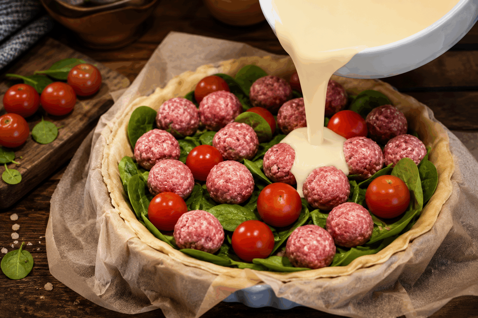 La tarte aux boulettes en 5 minutes qui va régaler toute la famille 😋👌 Description Cette tarte savoureuse combine une pâte croustillante avec une garniture généreuse de boulettes parfumées, le tout prêt en un temps record. Idéale pour un repas rapide en famille, elle apporte réconfort et gourmandise à chaque dégustation. Parfaite pour les soirs pressés sans sacrifier le goût. Informations Temps de préparation : 5 minutes Temps de cuisson : 25 minutes Nombre de portions : 4 personnes Difficulté : Facile Ingrédients Pour la pâte 1 rouleau de pâte feuilletée prête à l'emploi (environ 230 g) Pour la garniture 300 g de boulettes de viande (bœuf, porc ou mélange selon préférence) 1 oignon moyen 200 ml de sauce tomate nature ou légèrement épicée 100 g de fromage râpé (emmental ou mozzarella) 1 cuillère à soupe d'huile d'olive Sel et poivre du moulin Herbes de Provence ou basilic séché (facultatif) Préparation Préchauffe le four à 200°C (chaleur tournante si possible). Émince finement l'oignon et fais-le revenir dans une poêle avec l'huile d'olive à feu moyen pendant 2 minutes, jusqu'à ce qu'il soit translucide. Ajoute les boulettes dans la poêle, émiette-les légèrement avec une spatule et fais-les dorer rapidement pendant 2-3 minutes. Incorpore la sauce tomate, assaisonne de sel, poivre et herbes, puis mélange et laisse mijoter 1 minute hors du feu (juste pour bien enrober les boulettes sans les cuire trop longtemps). Déroule la pâte feuilletée dans un moule à tarte en conservant le papier cuisson. Pique légèrement le fond avec une fourchette. Verse la garniture aux boulettes sur la pâte de manière homogène. Parseme le fromage râpé sur le dessus pour apporter du fondant et du gratiné. Enfourne pour 20 à 25 minutes, jusqu’à ce que la pâte soit bien dorée et croustillante. À la sortie du four, laisse reposer 2 minutes avant de couper et de servir. Astuces Pour gagner encore plus de temps, utilisez des boulettes déjà préparées du commerce ou des restes de viande hachée cuite. Choisissez une pâte feuilletée de bonne qualité pour un croustillant optimal. Vous pouvez remplacer la sauce tomate par une sauce béchamel pour une version plus douce. Accompagnez la tarte d’une salade verte fraîche pour un repas équilibré et complet. Service Servez cette tarte aux boulettes chaude ou tiède, accompagnée d’une salade verte croquante ou d’une poêlée de légumes de saison. Idéale pour un repas familial rapide, elle plaira autant aux enfants qu’aux adultes grâce à ses saveurs simples et généreuses.