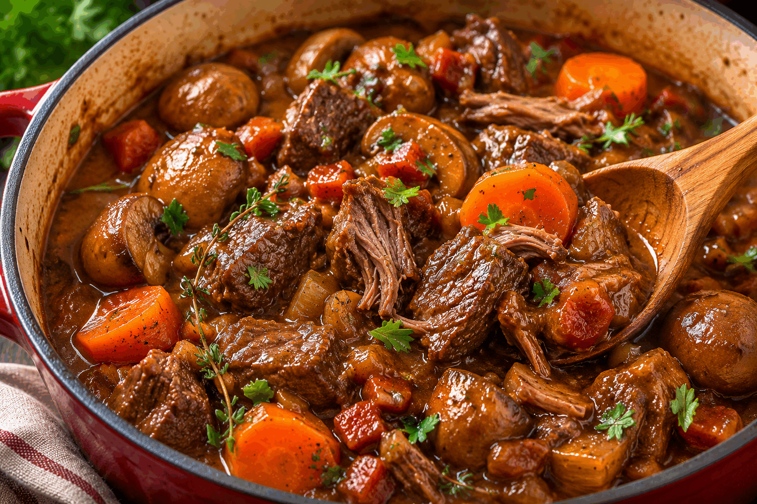 Le boeuf bourguignon comme ma grand-mère le prépare depuis 50 ans, un vrai régal ! 🔥 Description Le bœuf bourguignon est un plat traditionnel français aux saveurs puissantes et réconfortantes. Ce ragoût mijoté longuement réunit du bœuf tendre, du vin rouge de Bourgogne, des légumes fondants et des herbes aromatiques. Idéal pour un repas convivial en famille, il incarne la richesse du terroir bourguignon. Informations Temps de préparation : 30 minutes Temps de cuisson : 3 heures Nombre de portions : 6 personnes Difficulté : Moyenne Ingrédients Pour le bourguignon 1 kg de bœuf à braiser (macreuse, paleron ou gîte) 150 g de lardons fumés 3 carottes moyennes 1 oignon jaune 2 gousses d’ail 200 g de champignons de Paris 75 cl de vin rouge de Bourgogne 30 cl de bouillon de bœuf 2 cuillères à soupe de farine 2 cuillères à soupe d’huile d’olive 1 bouquet garni (thym, laurier, persil) Sel et poivre du moulin Pour la finition 1 cuillère à soupe de beurre Quelques brins de persil frais Préparation Coupe le bœuf en cubes de 4 à 5 cm. Épluche et tranche les carottes en rondelles. Émince l’oignon et écrase les gousses d’ail. Fais chauffer l’huile d’olive dans une grande cocotte à feu moyen. Ajoute les lardons, dore-les puis retire-les et réserve. Dans la même cocotte, fais dorer les morceaux de bœuf sur toutes les faces, par petites quantités pour ne pas baisser la température. Retire la viande et réserve. Ajoute l’oignon et les carottes dans la cocotte. Fais-les revenir 5 minutes sans les colorer, puis remets la viande et les lardons. Saupoudre la farine sur la viande, mélange bien pour enrober tous les morceaux et cuis 2 minutes en remuant sans cesse pour éliminer le goût cru. Verse le vin rouge et le bouillon de bœuf. Ajoute l’ail écrasé, le bouquet garni, puis sale et poivre modérément. Porte à ébullition, puis baisse le feu au minimum pour laisser mijoter à couvert pendant 2 h 30 à 3 heures. Remue de temps en temps. Pendant ce temps, nettoie les champignons et fais-les sauter à la poêle avec le beurre jusqu’à ce qu’ils soient dorés. Réserve. 30 minutes avant la fin de la cuisson, ajoute les champignons dans la cocotte. Rectifie l’assaisonnement si nécessaire. Retire le bouquet garni. Si la sauce est trop liquide, fais réduire à découvert quelques minutes à feu vif pour obtenir une consistance nappante. Astuces Choisis un vin rouge fruité et pas trop tannique, typique de Bourgogne, pour respecter la tradition. Fais mariner la viande une nuit dans le vin avec les aromates pour encore plus de saveurs (optionnel). Utilise une cocotte en fonte pour une cuisson douce et homogène. Réchauffe le plat le lendemain, il n’en sera que meilleur, les saveurs auront eu le temps de se développer. Service Sers le bœuf bourguignon bien chaud, accompagné de pommes de terre vapeur, de pâtes fraîches ou d’un écrasé de pommes de terre. Un bon pain de campagne et un verre du même vin complèteront parfaitement ce repas traditionnel et convivial.