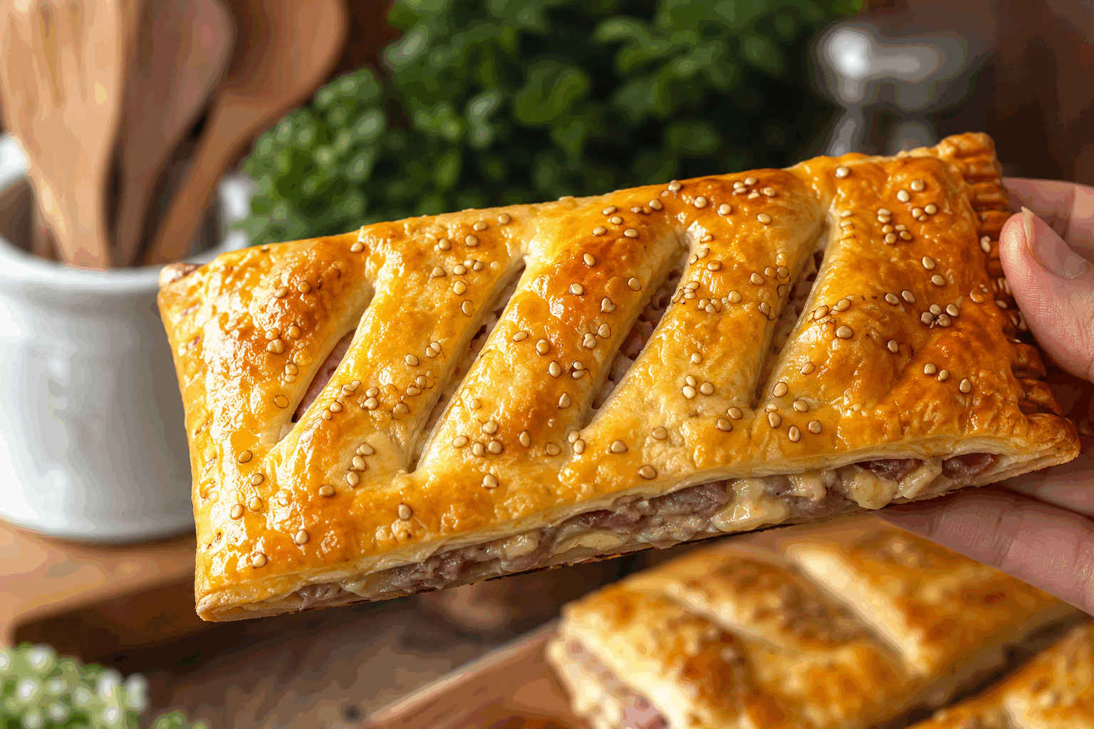 Le feuilleté jambon-fromage croustillant qui fond en 5 minutes dans la bouche 😍 Description Ce feuilleté jambon-fromage est une gourmandise à la fois croustillante et fondante, parfaite pour une entrée rapide ou un apéritif convivial. Sa pâte dorée et légère enveloppe un cœur généreux de jambon et de fromage fondant, offrant un mariage classique et réconfortant. Idéal pour régaler famille et amis en un rien de temps. Informations Temps de préparation : 10 minutes Temps de cuisson : 15 minutes Nombre de portions : 4 pièces Difficulté : Facile Ingrédients Pour le feuilleté 1 pâte feuilletée prête à l’emploi (environ 260 g) 4 tranches de jambon blanc 120 g de fromage à pâte fondante (gruyère râpé, emmental ou comté) 1 œuf 1 pincée de sel 1 pincée de poivre Préparation Préchauffe le four à 200°C (th. 6-7). Étale la pâte feuilletée sur une plaque recouverte de papier cuisson. Découpe la pâte en 4 rectangles égaux. Dépose sur chaque rectangle une tranche de jambon pliée si nécessaire, puis répartis uniformément le fromage râpé. Assaisonne légèrement avec une pincée de sel et de poivre. Replie chaque rectangle en deux pour enfermer la garniture et soude bien les bords en appuyant avec une fourchette. Bats l’œuf dans un bol et badigeonne le dessus des feuilletés avec un pinceau pour une belle dorure. Enfourne pour 12 à 15 minutes jusqu’à ce que le feuilleté soit bien doré et croustillant. Sors les feuilletés du four et laisse-les reposer 2 minutes avant de servir pour éviter de te brûler la bouche. Astuces Pour empêcher la pâte de trop gonfler, pique légèrement la surface avec une fourchette avant la cuisson. Tu peux ajouter une touche de moutarde douce sur le jambon pour relever le goût. Utilise un fromage à pâte bien fondante pour un cœur coulissant qui fond instantanément en bouche. Accompagne ces feuilletés d’une salade verte vinaigrée pour un repas léger et équilibré. Service Dispose les feuilletés encore chauds sur un plat de service, idéalement accompagnés d’une salade verte fraîche ou d’un potage léger en début de repas. Ce feuilleté est parfait pour un dîner rapide ou un apéritif entre amis grâce à sa présentation simple et festive qui ravira toutes les papilles.