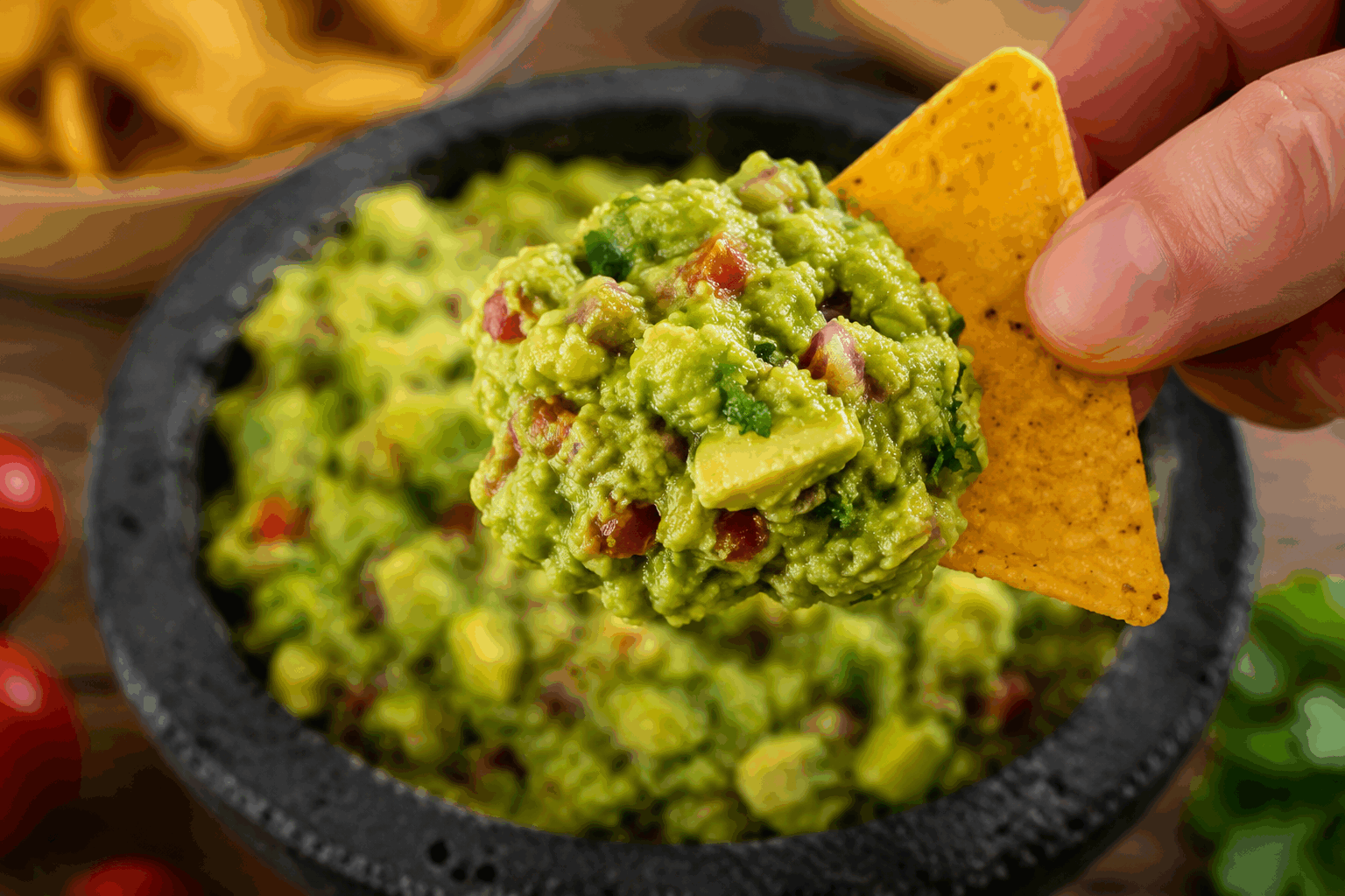 Le guacamole traditionnel en 5 minutes, avec mes secrets bien gardés 😍👌 Description Le guacamole est une délicieuse sauce mexicaine à base d’avocat, fraîche, onctueuse et légèrement relevée. Parfait pour l’apéritif ou pour accompagner des plats mexicains comme les tacos ou les quesadillas, ce guacamole traditionnel est préparé en quelques minutes avec un équilibre parfait de saveurs. Grâce à mes secrets bien gardés, vous obtiendrez une texture crémeuse et un goût authentique qui ravira vos invités. Informations Temps de préparation : 5 minutes Temps de cuisson : 0 minutes Nombre de portions : 4 personnes Difficulté : Facile Ingrédients Pour le guacamole 2 avocats mûrs (environ 300 g) 1 tomate moyenne (100 g) 1 petit oignon rouge (50 g) 1 gousse d’ail 1 citron vert (jus) 1 piment jalapeño ou piment frais doux (facultatif, selon le goût) 3 cuillères à soupe de coriandre fraîche ciselée 1 cuillère à café de sel 1/2 cuillère à café de poivre noir moulu 1 cuillère à soupe d’huile d’olive extra vierge (secret pour une texture plus onctueuse) Préparation Coupe les avocats en deux, retire les noyaux puis récupère la chair à l’aide d’une cuillère dans un bol. Écrase la chair d’avocat à la fourchette jusqu’à obtenir une texture légèrement grumeleuse, pas totalement lisse, pour garder du caractère. Coupe la tomate en petits dés après avoir retiré les graines pour éviter trop d’eau dans le guacamole. Émince finement l’oignon rouge et hache très finement la gousse d’ail ainsi que le piment jalapeño si utilisé. Ajoute la tomate, l’oignon, l’ail, le piment et la coriandre à l’avocat écrasé. Mélange délicatement. Incorpore le jus de citron vert pour apporter fraîcheur et éviter l’oxydation, puis ajoute l’huile d’olive, le sel et le poivre. Rectifie l’assaisonnement en goûtant et ajuste selon vos préférences (plus ou moins de citron, de piment ou de sel). Couvre le bol d’un film alimentaire au contact du guacamole pour éviter qu’il ne noircisse, puis conserve au frais jusqu’au service. Astuces Choisis des avocats bien mûrs mais fermes : ils doivent céder légèrement sous la pression sans être trop mous. Retire les graines et l’eau de la tomate pour éviter que le guacamole soit trop liquide. Ajoute le jus de citron vert uniquement au moment de mélanger pour conserver une belle couleur verte. Pour une texture plus onctueuse, incorpore un filet d’huile d’olive extra vierge, c’est mon secret ! Service Sers ton guacamole dans un bol entouré de chips de maïs croustillantes, ou utilise-le comme condiment pour accompagner des tacos, burritos ou légumes grillés. Idéal pour un apéritif convivial ou une soirée aux saveurs mexicaines.