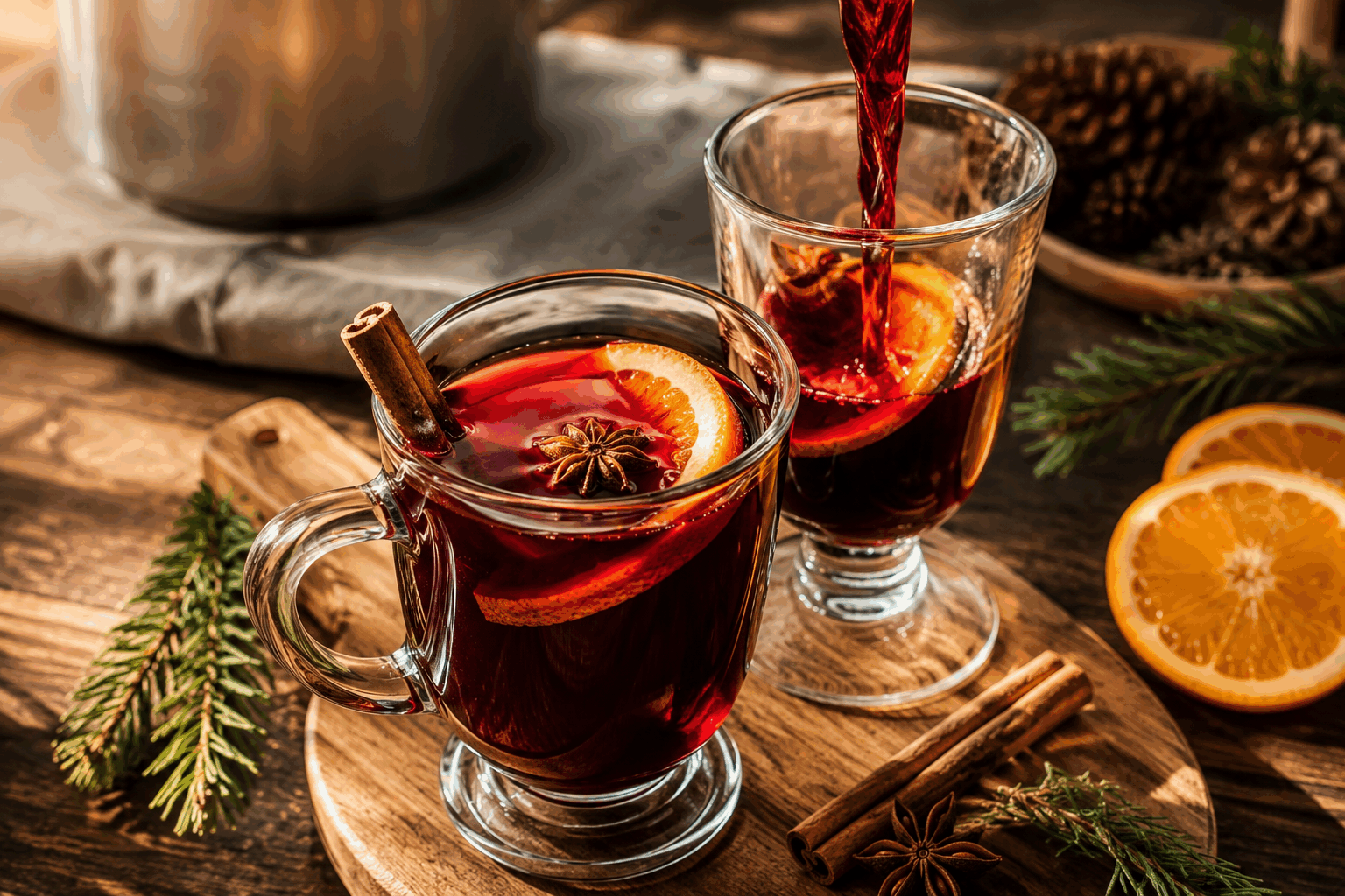 Le vin chaud maison aux épices secrètes qui réchauffe les soirées d'hiver 🔥🍊 Description Ce vin chaud maison aux épices secrètes est une boisson incontournable des soirées d'hiver. Son arôme chaleureux et ses saveurs douces d’agrumes et d’épices réconfortent instantanément. Parfait pour se réunir entre amis ou en famille lors des froides soirées hivernales, il évoque les marchés de Noël et les moments de convivialité. Informations Temps de préparation : 10 minutes Temps de cuisson : 20 minutes Nombre de portions : 6 personnes Difficulté : Facile Ingrédients Pour le vin chaud 75 cl de vin rouge (un vin fruité comme un Merlot ou un Pinot Noir) 100 g de sucre de canne 1 orange bio (zeste et quartiers) 1 citron bio (zeste uniquement) 2 bâtons de cannelle 4 clous de girofle 4 étoiles de badiane (anis étoilé) 1 gousse de vanille fendue en deux 5 grains de poivre noir 1 petit morceau de gingembre frais (environ 2 cm), pelé et tranché finement 150 ml d’eau Épices secrètes (ajoutées pour plus de profondeur) 1 pincée de noix de muscade râpée 1 pincée de cardamome moulue 1 clou de girofle supplémentaire Préparation Verse l'eau dans une casserole avec les bâtons de cannelle, les clous de girofle, l’étoile de badiane, la gousse de vanille, le poivre, le gingembre, ainsi que les épices secrètes (muscade, cardamome, clou de girofle supplémentaire). Porte doucement à ébullition puis réduis à feu doux et laisse infuser 10 minutes à couvert. Ajoute le sucre et remue jusqu’à dissolution complète. Incise les zestes d’orange et de citron à l’aide d’un couteau économe sans prélever la partie blanche, puis ajoute-les dans la casserole avec les quartiers d’orange. Verse le vin rouge dans la casserole et chauffe doucement sans faire bouillir (maximum 70-80°C) pendant 10 minutes pour que les arômes se diffusent en gardant un goût subtil. Filtre la préparation à l’aide d’une passoire fine pour retirer les épices et zestes. Reverse dans une casserole propre et maintiens au chaud à feu très doux en mélangeant délicatement avant de servir. Astuces Choisis un vin rouge jeune et fruité, évite les vins trop tanniques qui risquent d’amertumer la préparation. Ne fais jamais bouillir le vin pour ne pas évaporer l’alcool et conserver toute la richesse aromatique. Prépare le vin chaud quelques minutes avant le service pour que les saveurs soient bien présentes sans perdre leur fraîcheur. Pour une version sans alcool, remplace le vin par du jus de raisin noir et ajuste le sucre selon ton goût. Service Serre le vin chaud maison dans des mugs ou des verres résistants à la chaleur. Accompagne-le de tranches d’orange fraiches ou de petits biscuits épicés (comme des sablés à la cannelle). Il est idéal pour les soirées d’hiver au coin du feu, en apéritif ou après un repas convivial.