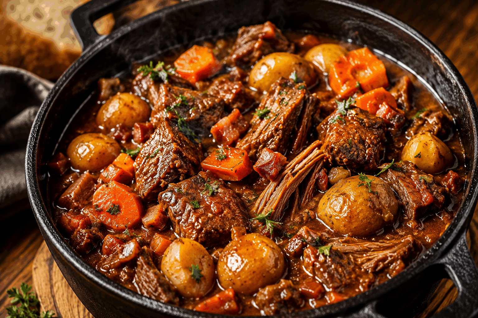 Ma recette secrète du bœuf bourguignon qui fond en 3 heures de bonheur 🔥 Description Le bœuf bourguignon est un classique de la cuisine française, originaire de Bourgogne. Ce plat mijoté est reconnu pour sa viande tendre qui se détache à la fourchette, nappée d'une sauce riche aux arômes de vin rouge, de lardons et de champignons. Idéal pour un repas convivial, il réchauffe les cœurs lors des journées fraîches. Informations Temps de préparation : 30 minutes Temps de cuisson : 150 minutes Nombre de portions : 6 personnes Difficulté : Moyenne Ingrédients Pour le bœuf et la marinade 1 kg de bœuf à braiser (macreuse, paleron) 500 ml de vin rouge de Bourgogne 2 carottes 1 oignon 2 gousses d'ail 1 bouquet garni (thym, laurier, persil) Sel et poivre du moulin Pour la cuisson 150 g de lardons fumés 250 g de champignons de Paris 12 petits oignons grelots 30 g de beurre 2 cuillères à soupe d'huile d'olive 1 cuillère à soupe de farine 250 ml de bouillon de bœuf (ou d'eau) Préparation Coupe le bœuf en gros cubes de 4 à 5 cm. Épluche les carottes et coupe-les en rondelles. Émince l’oignon. Écrase les gousses d’ail. Mets le bœuf dans un grand saladier, ajoute le vin rouge, les carottes, l’oignon, l’ail et le bouquet garni. Couvre et laisse mariner au réfrigérateur pendant au moins 2 heures, idéalement toute une nuit. Égoutte la viande en conservant la marinade. Sépare les légumes de la marinade à part. Dans une cocotte, chauffe l’huile d’olive et fais revenir les lardons jusqu’à ce qu’ils soient dorés. Réserve-les. Dans la même cocotte, fais dorer les morceaux de bœuf sur toutes les faces à feu vif. Retire-les et réserve. Ajoute le beurre dans la cocotte, puis fais revenir les petits oignons grelots et les champignons nettoyés et coupés en quartiers jusqu’à légère coloration. Réserve avec les lardons. Remets la viande dans la cocotte, saupoudre de farine et mélange bien pour enrober la viande. Laisse cuire 2 minutes à feu moyen pour dessécher un peu la farine. Verse la marinade filtrée et le bouillon de bœuf. Porte à ébullition, puis baisse le feu. Ajoute le bouquet garni et assaisonne de sel et de poivre. Couvre la cocotte et laisse mijoter à feu doux pendant 2h30 à 3h, jusqu’à ce que la viande soit fondante. En fin de cuisson, ajoute les lardons, les champignons et les oignons revenus, puis prolonge la cuisson 10 minutes sans couvercle pour réduire légèrement la sauce. Astuces Privilégie un vin rouge fruité et pas trop tannique pour la marinade, comme un Pinot Noir de Bourgogne. Saisis bien la viande à feu fort pour développer les saveurs grâce à la réaction de Maillard. Laisse mijoter longtemps à feu doux : c’est la clé pour obtenir une viande qui fond en bouche. Prépare ce plat la veille pour que les arômes se développent encore mieux au réchauffage. Service Sers le bœuf bourguignon bien chaud, accompagné d’une purée de pommes de terre maison, de tagliatelles fraîches ou d’un riz parfumé. C’est un plat idéal pour un dîner en famille ou entre amis, apportant convivialité et réconfort.