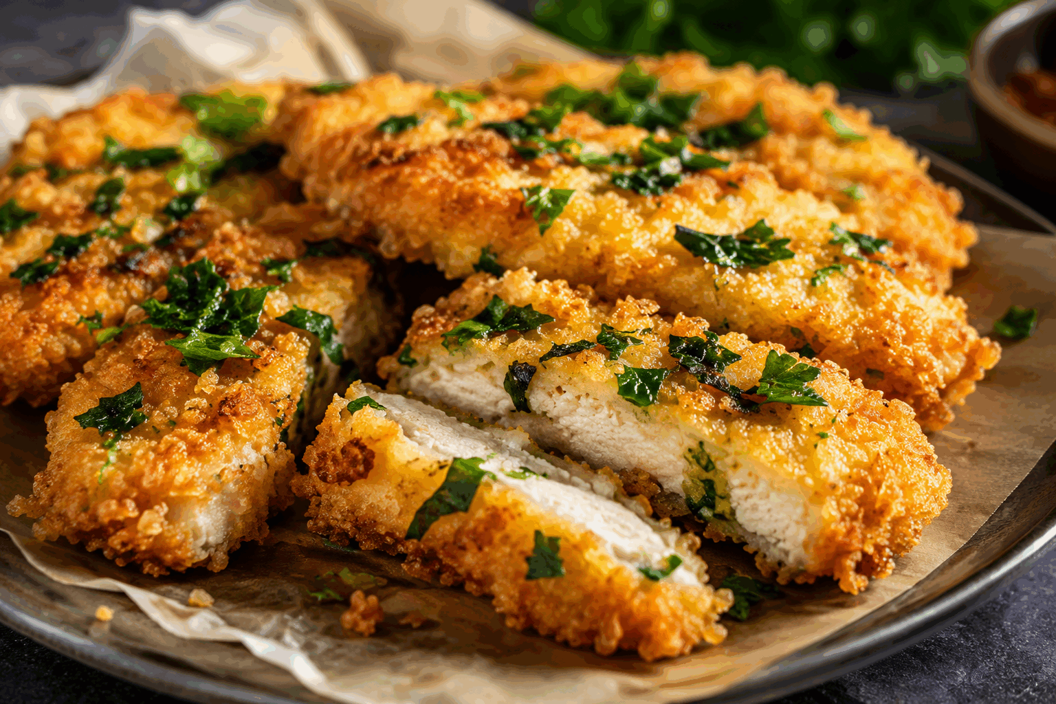Mes escalopes panées croustillantes en 10 minutes, le secret pour un repas parfait 🔥 Description Découvrez la recette rapide et savoureuse des escalopes panées croustillantes, idéales pour un repas express en semaine. Leur panure dorée et croustillante enveloppe une viande tendre et juteuse, un vrai régal pour les papilles. Parfaites accompagnées d’une salade fraîche ou de légumes sautés, elles raviront toute la famille. Informations Temps de préparation : 5 minutes Temps de cuisson : 5 minutes Nombre de portions : 4 pièces Difficulté : Facile Ingrédients Pour les escalopes 4 escalopes de poulet (environ 120 g chacune) 2 œufs 80 g de chapelure 40 g de parmesan râpé (optionnel pour plus de goût) 100 g de farine Sel Poivre noir moulu 2 cuillères à soupe d'huile d'olive Préparation Assaisonnez les escalopes de sel et de poivre des deux côtés. Préparez trois assiettes creuses : l’une avec la farine, la deuxième avec les œufs battus, la dernière avec la chapelure mélangée au parmesan. Passez chaque escalope dans la farine en tapotant pour enlever l’excédent, puis dans l’œuf, et enfin dans la chapelure en pressant légèrement pour bien faire adhérer. Chauffez l’huile d’olive à feu moyen dans une grande poêle antiadhésive. Faites cuire les escalopes 2 à 3 minutes de chaque côté jusqu’à ce qu’elles soient dorées et croustillantes et que la cuisson soit uniforme à cœur. Égouttez sur du papier absorbant pour éliminer l’excès d’huile avant de servir. Astuces Pour une panure encore plus croustillante, mélangez un peu de chapelure panko avec celle traditionnelle. Ne surchargez pas la poêle pour une cuisson uniforme et une panure croustillante. Si vous êtes pressé, préparez les escalopes en avance et passez-les rapidement au four chaud pour les réchauffer sans qu’elles ramollissent. Service Servez ces escalopes panées avec une salade verte croquante, une purée de pommes de terre maison ou des légumes sautés. Idéal pour un dîner rapide en famille ou un repas convivial entre amis. N’oubliez pas un filet de citron pour une touche de fraîcheur et une présentation soignée.