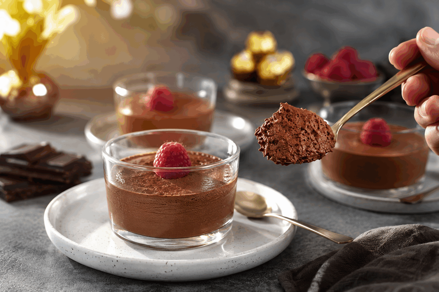 Mousse au chocolat inratable en 5 minutes avec seulement 4 ingrédients, un régal !✨ Description Cette mousse au chocolat est une recette rapide, simple et délicieuse, idéale pour satisfaire une envie gourmande en un rien de temps. Sa texture légère et onctueuse fond agréablement en bouche, tout en offrant un goût riche et intense de chocolat. Parfaite pour un dessert improvisé ou une occasion conviviale, elle plaira à tous les amateurs de chocolat. Informations Temps de préparation : 5 minutes Temps de cuisson : 0 minute Nombre de portions : 4 personnes Difficulté : Facile Ingrédients Pour la mousse 200 g de chocolat noir à pâtisser (minimum 60% de cacao) 4 œufs frais (séparer blancs et jaunes) 30 g de sucre en poudre 1 pincée de sel Préparation Fais fondre le chocolat au bain-marie ou au micro-ondes par courtes impulsions (30 secondes), puis mélange pour obtenir une texture lisse. Laisse tiédir. Bats les blancs d'œufs avec la pincée de sel en neige ferme, puis incorpore progressivement le sucre en continuant de battre pour bien les raffermir. Dans un bol, fouette rapidement les jaunes d'œufs puis incorpore-les au chocolat fondu tiède, mélange bien pour obtenir une préparation homogène. Incorpore délicatement un tiers des blancs en neige dans le mélange chocolat-jaunes pour l’assouplir, puis ajoute le reste en soulevant la masse délicatement pour ne pas casser les blancs. Répartis la mousse dans des verrines ou un grand saladier, puis filme au contact et place au réfrigérateur pendant au moins 2 heures pour que la mousse prenne bien. Astuces Utilise des œufs bien frais pour monter les blancs parfaitement en neige. Pèse précisément le chocolat et le sucre pour un équilibre idéal entre douceur et amertume. Intègre les blancs sans trop mélanger afin de garder une mousse aérienne. Pour une version encore plus onctueuse, ajoute un peu de crème fouettée à la préparation. Service Sers la mousse bien fraîche, nature ou parsemée de copeaux de chocolat, de fruits rouges frais ou d'une feuille de menthe pour apporter une touche de fraîcheur. Ce dessert est parfait pour terminer un repas en légèreté ou pour une pause gourmande improvisée.