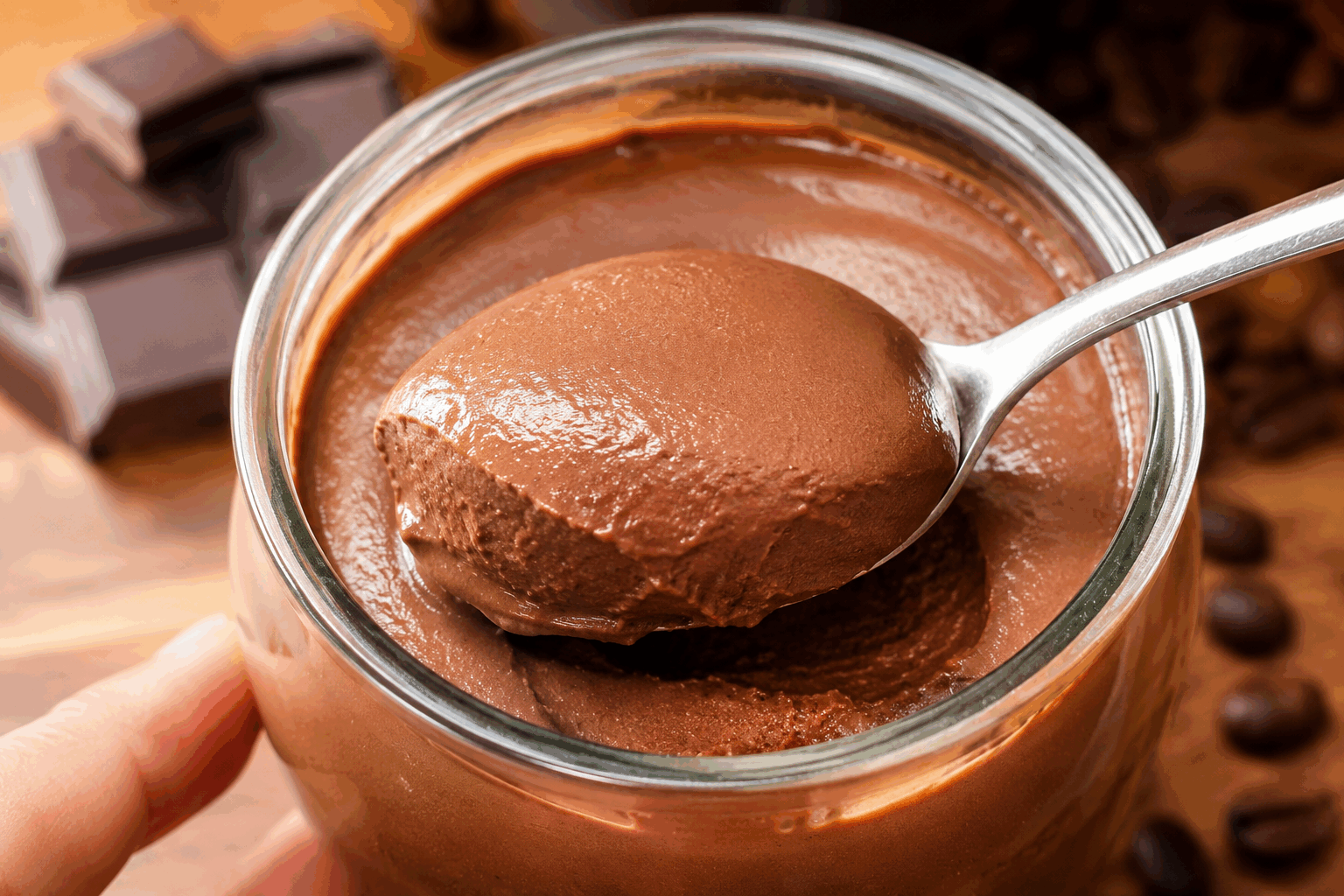 Mousse café-chocolat sans sucre, 2 ingrédients et 5 minutes chrono ☕🍫 Description Cette mousse légère associe avec gourmandise le goût intense du café et la douceur du chocolat noir, sans ajouter de sucre. Facile et rapide à réaliser, elle est idéale pour un dessert express ou une pause gourmande saine. Informations Temps de préparation : 5 minutes Temps de cuisson : 0 minute Nombre de portions : 4 Difficulté : Facile Ingrédients Pour la mousse café-chocolat 200 ml de crème liquide entière bien froide (30% MG minimum) 50 g de chocolat noir à 85 % de cacao 2 cuillères à soupe de café espresso fort (préparé, sans sucre) Préparation Faites fondre le chocolat noir au bain-marie ou au micro-ondes par petites impulsions, puis laissez-le tiédir légèrement. Incorporez le café espresso dans le chocolat fondu, mélangez doucement pour homogénéiser. Montez la crème liquide en chantilly bien ferme à l’aide d’un batteur électrique ou d’un robot. Incorporez délicatement la préparation chocolat-café à la chantilly en soulevant la masse avec une spatule pour ne pas casser la crème. Répartissez la mousse dans des verrines ou des ramequins. Laissez reposer au réfrigérateur au minimum 1 heure avant de déguster pour une texture optimale. Astuces Utilisez une crème liquide très froide pour monter une chantilly ferme et légère. Le chocolat noir doit être de bonne qualité pour un goût intense sans sucre ajouté. Si vous ne consommez pas de café, remplacez-le par une essence de vanille ou un extrait d’amande. Servez la mousse bien fraîche pour une meilleure tenue et une sensation plus agréable. Service Sortez la mousse du réfrigérateur juste avant de servir. Elle se présente parfaitement dans des petites verrines transparentes pour mettre en valeur ses couleurs. Accompagnez-la éventuellement d’une petite cuillère de fruits rouges frais ou d’un biscuit léger sans sucre pour un contraste de textures. Cette mousse convient parfaitement en dessert léger après un repas copieux ou lors d’un goûter gourmand.