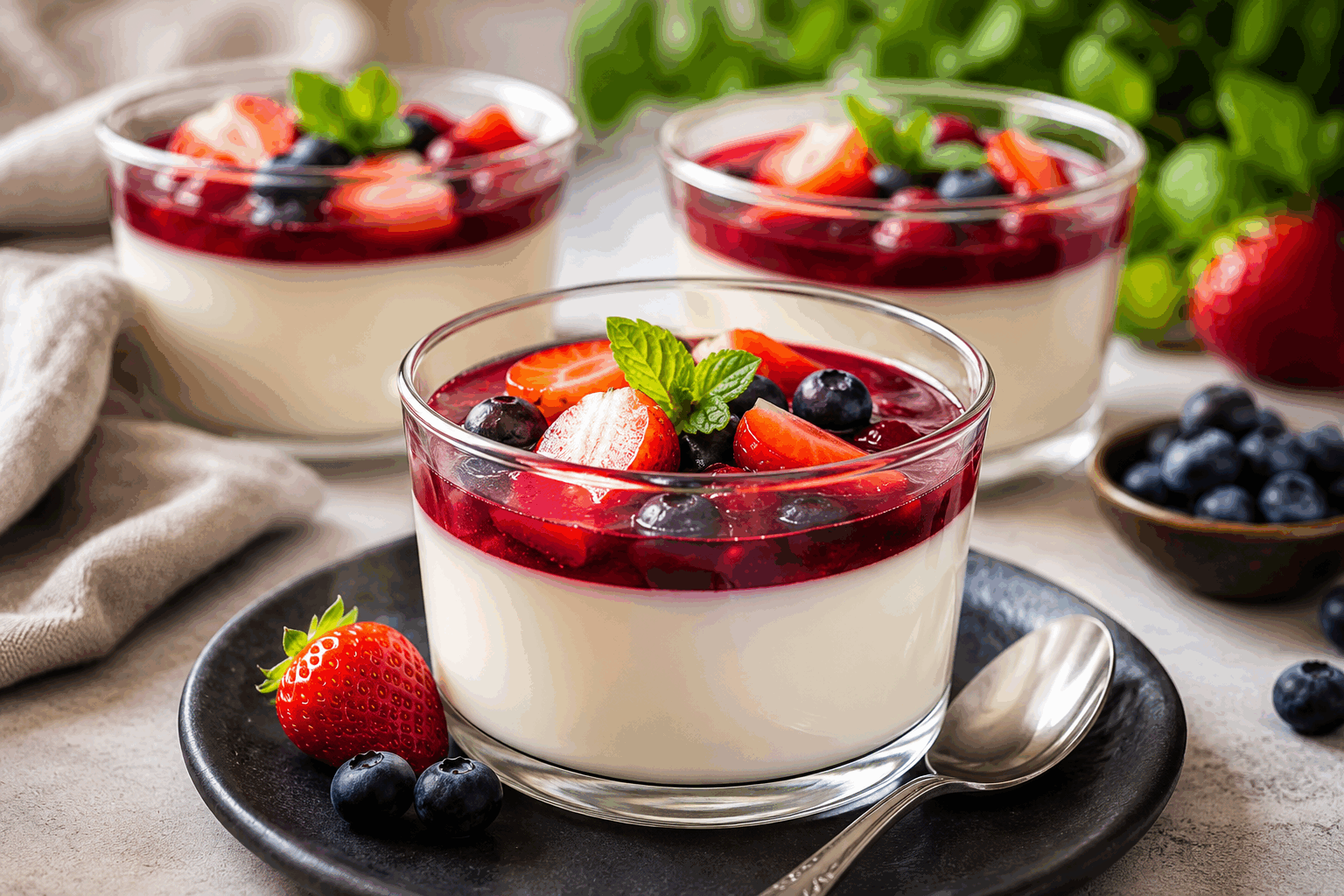 Panna cotta aux fruits rouges : seulement 4 ingrédients et un délice qui fond en bouche 🔥 Description La panna cotta aux fruits rouges est un dessert italien délicat et soyeux, parfait pour terminer un repas en légèreté. Sa texture fondante et crémeuse se marie à merveille avec la fraîcheur acidulée des fruits rouges, offrant une explosion de saveurs en bouche. Facile et rapide à préparer, elle est idéale pour toutes les occasions, des dîners entre amis aux moments gourmands en famille. Informations Temps de préparation : 10 minutes Temps de cuisson : 5 minutes (pour la préparation de la crème) Nombre de portions : 4 personnes Difficulté : Facile Ingrédients Pour la panna cotta 50 cl de crème liquide entière 50 g de sucre en poudre 3 feuilles de gélatine (environ 6 g) Pour la garniture 200 g de fruits rouges mélangés (fraises, framboises, myrtilles, groseilles) Préparation Fais tremper les feuilles de gélatine dans un bol d'eau froide pendant 10 minutes pour les ramollir. Dans une casserole, verse la crème liquide avec le sucre puis chauffe doucement jusqu'à ébullition légère sans cesser de mélanger. Hors du feu, égoutte la gélatine et incorpore-la dans la crème chaude en remuant bien pour la dissoudre complètement. Laisse tiédir quelques minutes puis verse la préparation dans 4 verrines ou moules individuels. Place-les au réfrigérateur au minimum 4 heures, idéalement toute une nuit, pour que la panna cotta prenne bien. Juste avant de servir, dispose les fruits rouges frais sur chaque panna cotta pour apporter couleur et fraîcheur. Astuces Si tu n’as pas de feuilles de gélatine, tu peux utiliser 2 g d’agar-agar, à ajouter directement dans la crème chaude et à faire bouillir 1 minute. Pour une panna cotta plus légère, remplace la moitié de la crème par du lait entier, mais la texture sera un peu moins onctueuse. Varie les fruits selon la saison : groseilles, mûres ou même un coulis de fruits rouges pour plus d’intensité. Pour un goût plus parfumé, ajoute une gousse de vanille fendue dans la crème au début de la cuisson et retire-la avant de verser en verrines. Service Présente la panna cotta bien fraîche dans des verrines transparentes pour mettre en valeur sa texture crémeuse et la vivacité des fruits rouges. Ce dessert se déguste en fin de repas, accompagné d’un petit biscuit sec ou d’une feuille de menthe fraîche pour la décoration. Parfait pour un dessert léger et élégant lors d’un dîner estival ou d’une occasion spéciale.