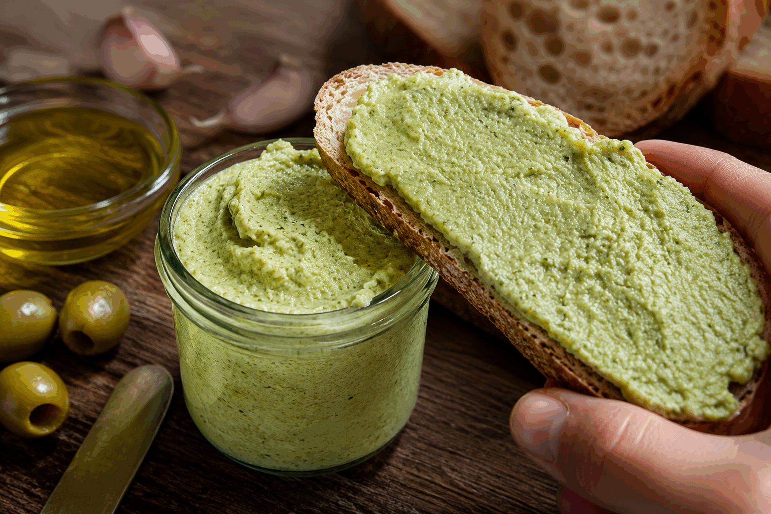 Pâte à tartiner d’olives vertes maison en 5 minutes, le coup de cœur de vos invités ✨ Description Cette pâte à tartiner d’olives vertes est une préparation rapide et savoureuse, idéale pour l’apéritif ou en accompagnement de vos plats méditerranéens. Sa texture onctueuse et son goût légèrement acidulé apportent une touche raffinée qui séduira vos convives à coup sûr. Facile à réaliser en seulement 5 minutes, c’est un incontournable pour impressionner sans effort. Informations Temps de préparation : 5 minutes Temps de cuisson : 0 minute Nombre de portions : 6 personnes Difficulté : Facile Ingrédients Pour la pâte à tartiner 150 g d’olives vertes dénoyautées 2 cuillères à soupe d’huile d’olive extra vierge 1 cuillère à soupe de jus de citron frais 1 gousse d’ail écrasée 1 cuillère à soupe de câpres 1 cuillère à café de basilic frais ciselé Poivre noir du moulin, au goût Une pincée de sel (selon le goût et la salinité des olives) Préparation Place les olives vertes dénoyautées, l’ail écrasé et les câpres dans un mixeur ou un robot culinaire. Ajoute le jus de citron, l’huile d’olive et le basilic frais ciselé. Mixe par à-coups pendant environ 1 à 2 minutes jusqu’à obtenir une consistance lisse mais encore légèrement granuleuse pour garder du caractère. Goûte la préparation, ajuste le sel et le poivre selon tes préférences. Transfère la pâte dans un petit bol et laisse reposer 5 minutes au réfrigérateur si possible pour développer les saveurs avant de servir. Astuces Prends soin de dénoyauter les olives pour éviter tout risque en bouche. Pour une variante plus gourmande, ajoute quelques olives noires pour un goût plus prononcé et une couleur plus foncée. Conserve la pâte à tartiner dans un pot hermétique au réfrigérateur et consomme-la dans les 3 jours pour une fraîcheur optimale. Tu peux aussi incorporer un filet de piment d’Espelette pour relever légèrement la pâte selon ton goût. Service Serre cette pâte à tartiner sur des tranches de pain grillé, des toasts de baguette ou des crackers. Elle accompagne parfaitement un plateau de fromages, des légumes croquants ou encore des charcuteries lors d’un apéritif convivial entre amis.