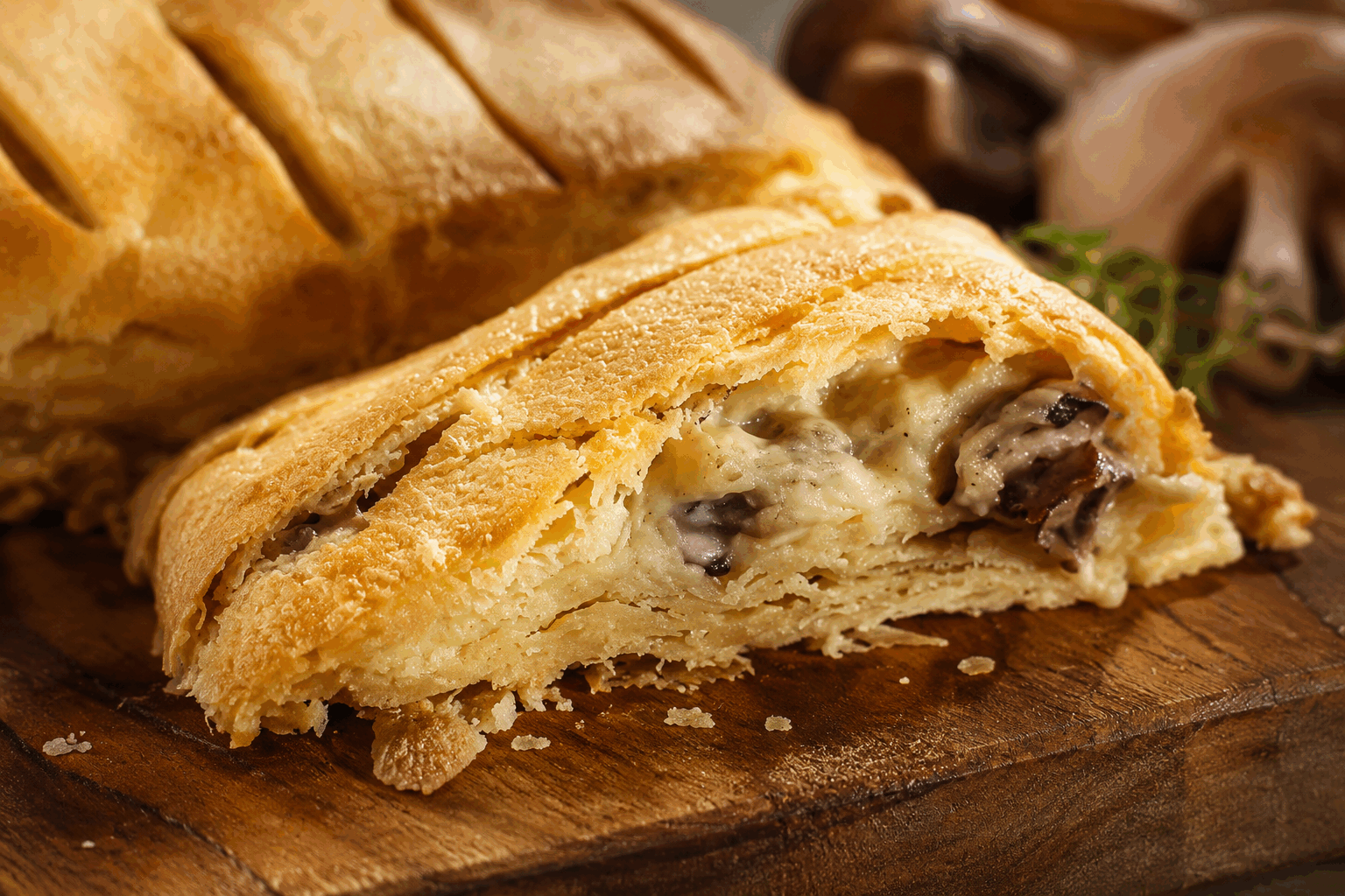 Pâte feuilletée rapide, farcie d’une crème aux champignons onctueuse et facile à faire 😍 Description Cette recette propose une pâte feuilletée maison simplifiée, croustillante et légère, garnie d’une crème aux champignons riche et veloutée. Facile à préparer, ce plat gourmand ravira les amateurs de saveurs forestières, idéal pour un déjeuner convivial ou un dîner raffiné. Sa texture fondante et son goût délicat en font une excellente entrée ou un plat principal léger. Informations Temps de préparation : 25 minutes Temps de cuisson : 30 minutes Nombre de portions : 4 personnes Difficulté : Facile Ingrédients Pour la pâte feuilletée rapide 200 g de farine de blé 120 g de beurre froid 90 ml d’eau froide 1 pincée de sel Pour la crème aux champignons 300 g de champignons de Paris frais 20 g de beurre 1 échalote 15 cl de crème fraîche épaisse 100 ml de lait 1 cuillère à soupe de farine 1 gousse d’ail Sel et poivre du moulin Quelques brins de persil frais Préparation Préparez la pâte feuilletée rapide : découpez le beurre froid en petits dés. Dans un saladier, mélangez la farine et le sel, ajoutez le beurre et sablez du bout des doigts jusqu'à obtenir une texture granuleuse. Versez progressivement l’eau froide et mélangez rapidement jusqu’à former une boule de pâte homogène. Ne travaillez pas trop la pâte. Étalez la pâte en un rectangle, repliez-la en trois (comme pour un portefeuille), puis tournez-la d’un quart de tour. Répétez cette opération deux fois pour créer le feuilletage. Emballez la pâte dans un film alimentaire et placez-la au frais au minimum 15 minutes pendant que vous préparez la garniture. Nettoyez et coupez les champignons en fines lamelles, hachez finement l’échalote et l’ail. Faites fondre le beurre dans une poêle, ajoutez l’échalote puis les champignons. Faites revenir à feu moyen jusqu’à évaporation de l’eau de cuisson, environ 7 minutes. Saupoudrez de farine et mélangez bien pour lier. Versez ensuite le lait en remuant constamment pour éviter les grumeaux. Incorporez la crème fraîche, salez, poivrez et laissez mijoter 5 minutes jusqu’à obtention d’une consistance crémeuse. Ajoutez le persil ciselé, mixez légèrement si vous souhaitez une crème plus lisse, puis laissez tiédir. Préchauffez le four à 200°C (chaleur traditionnelle). Étalez la pâte feuilletée sur une plaque recouverte de papier cuisson. Déposez au centre la crème aux champignons en formant un rectangle, en laissant une bordure d’environ 2 cm. Repliez les bords de pâte sur la garniture, badigeonnez la pâte avec un peu d’eau pour souder, puis dorez avec un peu de lait ou un jaune d’œuf si vous en avez. Enfournez pendant 25 à 30 minutes jusqu’à ce que la pâte soit bien dorée et croustillante. Laissez légèrement refroidir avant de couper et de servir. Astuces Pour un feuilletage encore plus aérien, veillez à ce que le beurre et l’eau soient bien froids pour empêcher le beurre de fondre trop vite. Variez les champignons selon la saison : cèpes, girolles ou champignons sauvages apporteront une saveur plus intense. Si vous préférez une garniture plus légère, remplacez une partie de la crème par du fromage blanc ou du yaourt nature. Conservez les restes au réfrigérateur et réchauffez-les doucement au four pour garder toute la texture croustillante de la pâte. Service Servez ce feuilleté aux champignons chaud ou tiède, accompagné d’une salade verte fraîche ou d’un légume vapeur. Il fera également une délicieuse entrée pour un repas entre amis ou un brunch gourmand. N’hésitez pas à le présenter en petites parts individuelles pour un apéritif dînatoire convivial.
