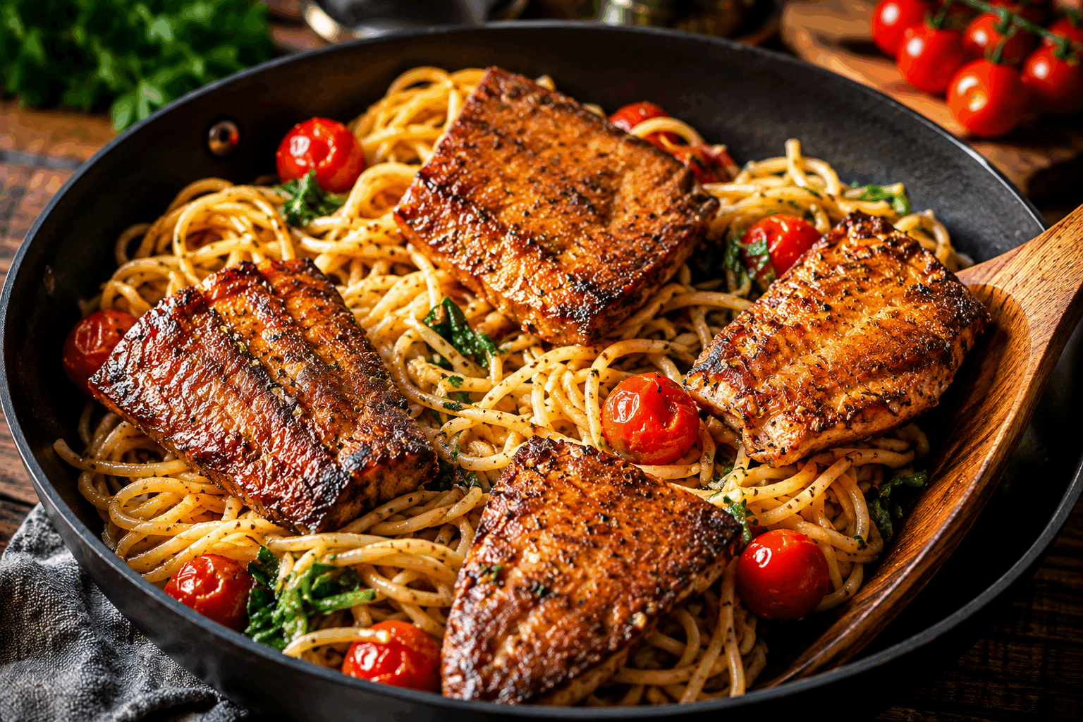 Pâtes crémeuses au saumon et épinards prêtes en 10 minutes, un régal garanti 🍝👌 Description Ce plat de pâtes allie la douceur du saumon frais à la fraîcheur des épinards en une sauce onctueuse et rapide à préparer. Parfait pour un repas savoureux et léger, il saura séduire par son goût délicat et sa texture crémeuse. Idéal pour un dîner express en semaine sans compromis sur le plaisir. Informations Temps de préparation : 5 minutes Temps de cuisson : 5 minutes Nombre de portions : 2 personnes Difficulté : Facile Ingrédients Pour les pâtes et la sauce 160 g de pâtes (tagliatelles, linguine ou penne) 150 g de saumon frais sans peau 100 g d’épinards frais 15 cl de crème liquide entière 1 gousse d’ail 1 cuillère à soupe d’huile d’olive Sel et poivre noir du moulin 1 cuillère à soupe de parmesan râpé (optionnel) Préparation Fais chauffer une grande casserole d’eau salée. Dès ébullition, plonge les pâtes et cuis-les selon le temps indiqué sur le paquet (environ 5 minutes pour des pâtes fraîches). Pendant ce temps, coupe le saumon en morceaux de taille moyenne. Lave rapidement les épinards et égoutte-les bien. Fais chauffer l’huile d’olive dans une poêle à feu moyen. Ajoute l’ail finement haché et fais-le revenir 1 minute sans le brûler. Ajoute les morceaux de saumon dans la poêle et fais-les cuire 2 à 3 minutes, jusqu’à ce qu’ils deviennent opaques. Incorpore les épinards dans la poêle et laisse-les fondre doucement pendant 1 minute. Verse la crème liquide, sale et poivre à ton goût, puis remue délicatement pour obtenir une sauce homogène et onctueuse. Laisse mijoter 1 à 2 minutes à feu doux. Égoutte les pâtes en réservant une petite louche d’eau de cuisson. Verse les pâtes dans la poêle avec la sauce, mélange bien. Si la sauce paraît trop épaisse, ajoute un peu d’eau de cuisson pour ajuster la consistance. Si tu le souhaites, saupoudre de parmesan râpé avant de servir pour plus de saveur. Astuces Préfère des pâtes fraîches pour un temps de cuisson plus rapide et une texture plus agréable. Pour un goût plus intense, remplace la crème liquide par de la crème légère mélangée à un peu de jus de citron. Ne cuis pas trop le saumon pour qu’il reste tendre et évite qu’il se défasse dans la sauce. Tu peux utiliser des épinards surgelés, mais décongèle-les et égoutte-les bien avant cuisson pour éviter une sauce trop liquide. Service Sers ces pâtes crémeuses bien chaudes dans des assiettes creuses, décorées d’un brin de persil frais ou quelques copeaux de parmesan. Accompagne ce plat d’une salade verte légère et d’un vin blanc sec pour un repas équilibré et convivial.