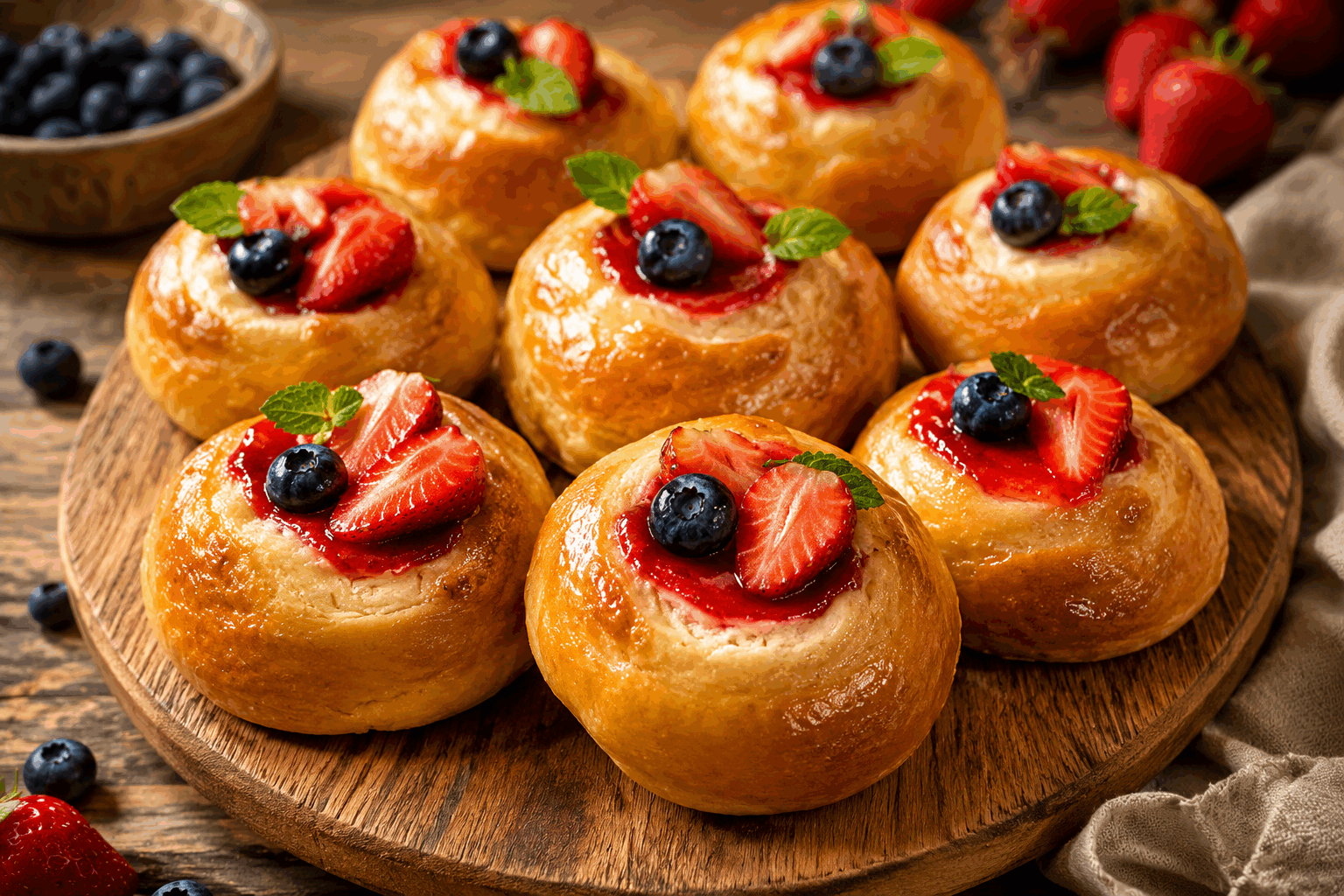 Petites brioches aux fraises et myrtilles, ce goût cheesecake va vous étonner ! 🔥 Description Ces petites brioches moelleuses sont parsemées de morceaux de fraises et de myrtilles fraîches, avec une touche crémeuse rappelant le cheesecake grâce à une garniture au fromage frais. Elles offrent un délicieux équilibre entre douceur fruitée et richesse lactée, parfaites pour un goûter gourmand ou un petit-déjeuner spécial. Léger et fondant, ce dessert-sandwich maison ravira les amateurs de viennoiseries fruitées et de desserts frais. Informations Temps de préparation : 30 minutes Temps de cuisson : 20 minutes Nombre de portions : 8 pièces Difficulté : Moyenne Ingrédients Pour la pâte à brioche 250 g de farine de blé 30 g de sucre 5 g de sel 10 g de levure boulangère fraîche 100 ml de lait tiède 1 œuf 50 g de beurre doux ramolli Pour la garniture cheesecake 150 g de fromage blanc frais ou cream cheese 50 g de sucre 1 cuillère à café d’extrait de vanille 1 œuf Pour les fruits 100 g de fraises fraîches, coupées en petits morceaux 100 g de myrtilles fraîches Préparation Délaye la levure dans le lait tiède et laisse reposer 10 minutes jusqu’à légère mousse. Mélange la farine, le sucre et le sel dans un grand saladier. Ajoute l’œuf et le mélange levure-lait, puis commence à pétrir. Incorpore progressivement le beurre ramolli en continuant de pétrir jusqu’à obtenir une pâte souple et élastique. Forme une boule, couvre d’un torchon et laisse lever 1 heure à température ambiante, jusqu’à ce que la pâte double de volume. Prépare la garniture cheesecake : dans un bol, mélange le fromage blanc avec le sucre, l’extrait de vanille et l’œuf jusqu’à obtenir une crème lisse. Préchauffe le four à 180°C (chaleur statique). Divise la pâte en 8 portions égales. Étale chaque portion en un disque d’environ 10 cm de diamètre. Dépose une cuillère de garniture cheesecake au centre de chaque disque, puis quelques morceaux de fraises et myrtilles. Referme la pâte en pressant les bords pour enfermer la garniture, en formant des petites brioches bien closes. Pose les petites brioches sur une plaque recouverte de papier cuisson, badigeonne-les avec un peu de lait ou d’œuf battu pour les faire dorer. Enfourne pour 18 à 20 minutes, jusqu’à ce que les brioches soient bien dorées et gonflées. Laisse refroidir légèrement avant de déguster, pour que la garniture ait un peu raffermi. Astuces Utilise du cream cheese pour un goût plus onctueux et typé cheesecake. Ne surcharge pas les brioches en garniture pour éviter qu’elle ne coule à la cuisson. Pense à bien fermer les bords en pinçant la pâte afin d’éviter que les fruits ne s’échappent. Pour varier, tu peux remplacer les myrtilles par des framboises ou des cerises fraîches selon la saison. Service Ces petites brioches aux fruits et cheesecake se savourent tièdes ou à température ambiante, accompagnées d’un thé ou d’un café. Parfaites pour un brunch, une collation gourmande ou un dessert léger en famille ou entre amis.