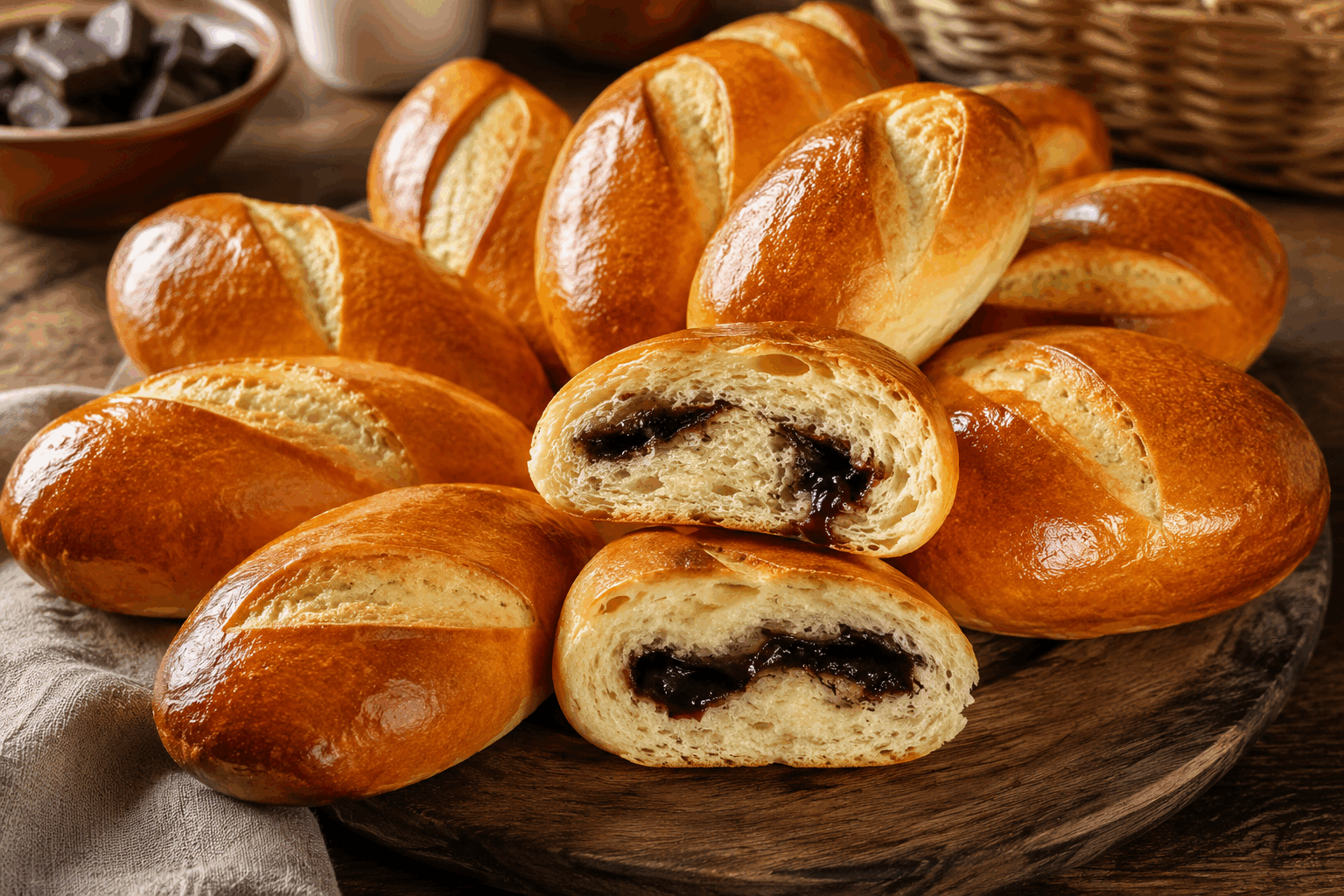 Petits pains au lait ultra moelleux fourrés au chocolat, prêts en 5 minutes seulement 🔥 Description Ces petits pains au lait sont incroyablement moelleux et fondants, avec une garniture généreuse de chocolat fondant à l'intérieur. Idéaux pour un goûter rapide ou un petit-déjeuner gourmand, ils se préparent en un temps record tout en conservant une texture légère et savoureuse. Leur douceur et leur cœur chocolaté raviront petits et grands. Informations Temps de préparation : 5 minutes Temps de cuisson : 12 minutes Nombre de portions : 8 pièces Difficulté : Facile Ingrédients Pour la pâte à petits pains au lait 250 g de farine de blé 30 g de sucre 1 pincée de sel 10 g de levure boulangère fraîche ou 5 g de levure sèche 150 ml de lait tiède 30 g de beurre doux mou Pour la garniture 100 g de chocolat noir ou au lait en morceaux ou pépites Préparation Délaye la levure dans le lait tiède et laisse reposer 5 minutes jusqu’à ce que le mélange soit mousseux. Dans un grand saladier, mélange la farine, le sucre et le sel. Ajoute le lait avec la levure puis le beurre mou. Pétris rapidement la pâte jusqu’à obtenir une texture homogène et souple, environ 3 minutes à la main ou avec un robot pétrisseur. Divise la pâte en 8 portions égales. Étale chaque portion en un petit disque. Dépose au centre de chaque disque quelques morceaux de chocolat puis referme la pâte en formant des petits pains bien fermés. Pose les petits pains sur une plaque recouverte de papier cuisson, la soudure vers le bas. Laisse lever dans un endroit tiède pendant 30 minutes si possible (optionnel pour plus de moelleux), sinon préchauffe directement le four à 180°C. Badigeonne délicatement les petits pains avec un peu de lait pour leur donner une belle couleur à la cuisson. Enfourne pour 12 minutes à 180°C jusqu’à ce qu’ils soient dorés. Laisse tiédir avant de déguster pour que le chocolat soit encore fondant. Astuces Pour gagner du temps, vous pouvez utiliser un mixeur ou robot avec crochet pour pétrir la pâte rapidement. Si vous ne disposez pas de levure fraîche, utilisez de la levure sèche en respectant la moitié de la quantité. Vous pouvez remplacer le chocolat par de la pâte à tartiner pour une garniture encore plus gourmande. Conservez les petits pains dans une boîte hermétique pour préserver toute leur moelleux jusqu'au lendemain. Service Servez ces petits pains au lait tièdes, accompagnés d’un verre de lait, d’un chocolat chaud ou d’un café au petit-déjeuner ou au goûter. Ils sont parfaits pour une pause gourmande rapide, à déguster tout juste sortis du four ou légèrement réchauffés.