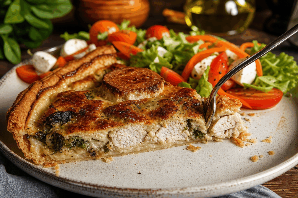 Quiche poulet épinard chèvre en 5 minutes, la recette facile qui régale à tous les coups 🔥 Description Cette quiche allie la douceur du poulet, la fraîcheur des épinards et le goût légèrement acidulé du fromage de chèvre, le tout dans une préparation ultra-rapide. Elle se caractérise par une pâte dorée et une garniture fondante, idéale pour un repas convivial en semaine ou un pique-nique gourmand. Facile à réaliser, elle séduira tous les palais grâce à son équilibre parfait entre saveurs et textures. Informations Temps de préparation : 5 minutes Temps de cuisson : 30 minutes Nombre de portions : 4 personnes Difficulté : Facile Ingrédients Pour la pâte 1 pâte brisée prête à l'emploi (environ 230 g) Pour la garniture 200 g d'émincés de poulet cuits 150 g d'épinards frais ou surgelés 120 g de fromage de chèvre frais ou bûche de chèvre 3 œufs 20 cl de crème fraîche liquide Sel Poivre 1 cuillère à soupe d’huile d’olive Préparation Préchauffe le four à 180°C (th.6). Si tu utilises des épinards frais, lave-les soigneusement puis fais-les revenir dans une poêle avec l’huile d’olive jusqu’à ce qu’ils soient fondants. Égoutte-les bien. Si tu utilises des épinards surgelés, décongèle-les et presse-les pour enlever l’excès d’eau. Étale la pâte brisée dans un moule à tarte en gardant la feuille de cuisson, pique le fond avec une fourchette. Dans un saladier, bats les œufs avec la crème fraîche, sale et poivre légèrement. Répartis les épinards sur le fond de pâte, puis ajoute les morceaux de poulet. Verse le mélange œufs-crème dessus. Émiette le fromage de chèvre par-dessus de manière homogène. Enfourne pour 30 minutes environ, jusqu’à ce que la quiche soit bien dorée et prise. Laisse tiédir quelques minutes avant de démouler et servir. Astuces Utilise une pâte brisée du commerce pour gagner du temps sans perdre en qualité. Égoutte bien les épinards pour éviter que ta quiche soit liquide. Tu peux remplacer le poulet par du jambon ou des lardons pour varier les plaisirs. Pour une touche de croquant, ajoute quelques noix concassées avant cuisson. Service Servez cette quiche tiède ou à température ambiante, accompagnée d’une salade verte fraîche pour un repas léger ou d’un verre de vin blanc sec. Elle convient parfaitement pour un déjeuner rapide, un dîner convivial ou même un plateau télé gourmand.