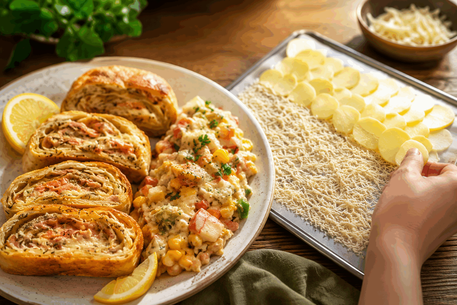 Roulé pommes de terre, fromage et saumon : prêt en 15 minutes, un régal garanti 😋👌 Description Ce roulé savoureux associe la douceur des pommes de terre à la richesse du fromage fondant et au goût délicat du saumon fumé. Facile et rapide à préparer, il émerveillera vos papilles lors d’un apéritif ou d’un plat léger. Son aspect doré et moelleux en fait un véritable délice à partager en toute convivialité. Informations Temps de préparation : 10 minutes Temps de cuisson : 5 minutes Nombre de portions : 4 personnes Difficulté : Facile Ingrédients Pour le roulé 400 g de pommes de terre 3 œufs 100 g de fromage râpé (emmental ou comté) 100 g de saumon fumé 2 cuillères à soupe de crème fraîche épaisse 1 cuillère à soupe de farine Sel et poivre du moulin Huile d’olive pour la cuisson Préparation Préchauffe le four à 200°C (chaleur tournante de préférence) et prépare une plaque recouverte de papier cuisson. Pèle les pommes de terre, râpe-les finement puis presse-les dans un torchon propre pour éliminer l’excès d’eau. Dans un grand bol, bats les œufs en omelette, ajoute la farine, la crème fraîche, le fromage râpé, les pommes de terre râpées, un peu de sel et de poivre. Mélange bien pour obtenir une pâte homogène. Étale la préparation en une couche régulière sur la plaque de cuisson en formant un rectangle d’environ 30x25 cm. Enfourne pour 10 minutes, jusqu’à ce que le dessus soit doré et que le roulé soit ferme au toucher. Sors la plaque du four, dépose immédiatement les tranches de saumon fumé sur toute la surface. Avec l’aide du papier cuisson, roule délicatement la préparation en serrant bien pour former un roulé. Laisse reposer 2 à 3 minutes, puis coupe en tranches épaisses et sers aussitôt. Astuces Veille à bien presser les pommes de terre râpées pour éviter un roulé trop humide qui ne tiendrait pas à la cuisson. Tu peux remplacer le saumon fumé par du jambon cru ou de la truite fumée selon tes préférences. Pour une version plus gourmande, ajoute quelques herbes fraîches comme de l’aneth ou de la ciboulette à la pâte. Serre le roulé à l’aide du papier cuisson pour obtenir une forme bien compacte et éviter qu’il ne se défasse. Service Ce roulé se déguste chaud ou tiède, accompagné d’une salade verte croquante ou d’une petite sauce citronnée à base de fromage blanc et d’aneth. Il est parfait pour un déjeuner léger, un apéritif dînatoire ou un repas rapide entre amis.