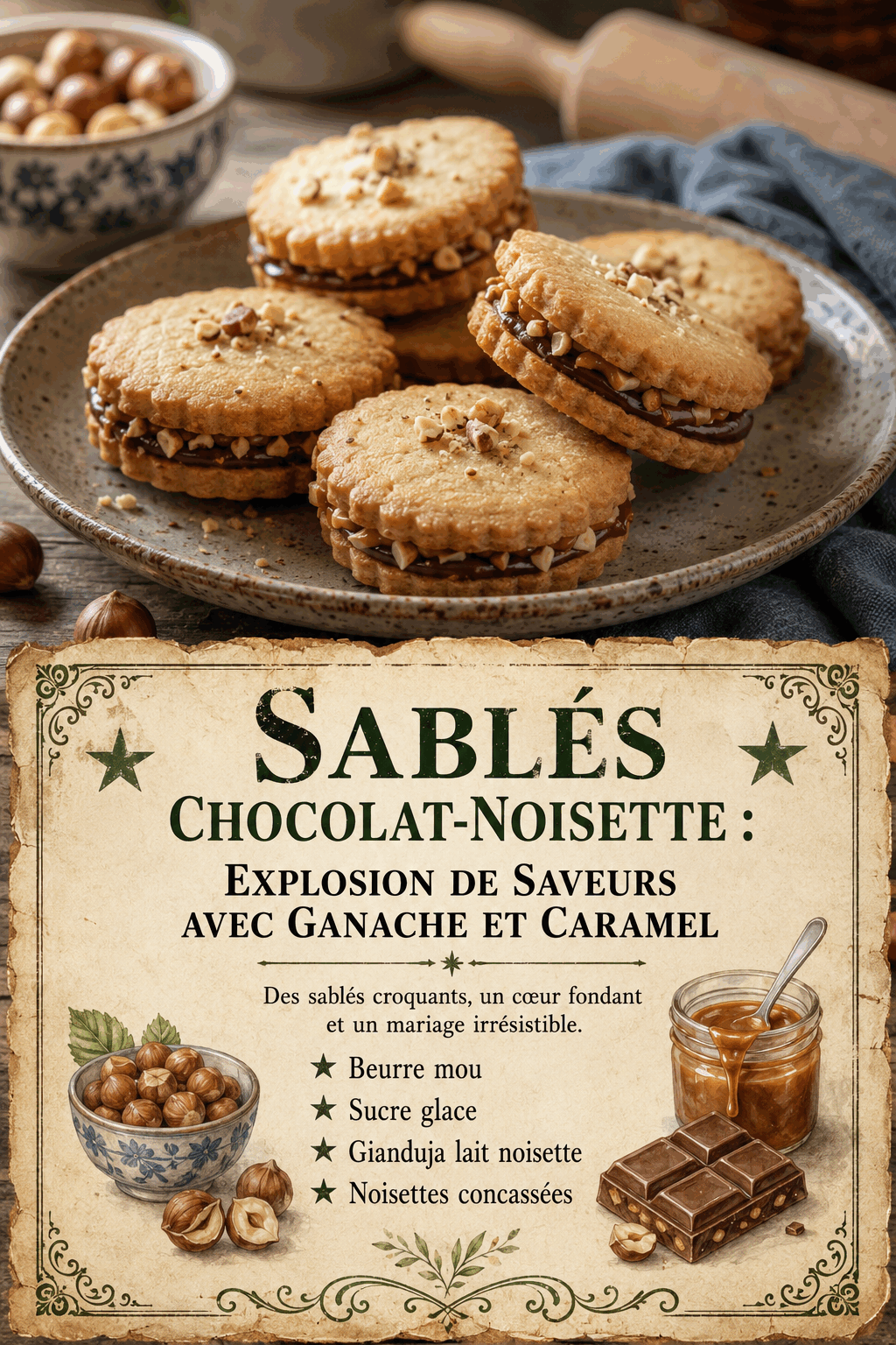 Sablés Chocolat-Noisette : Explosion de Saveurs avec Ganache et Caramel