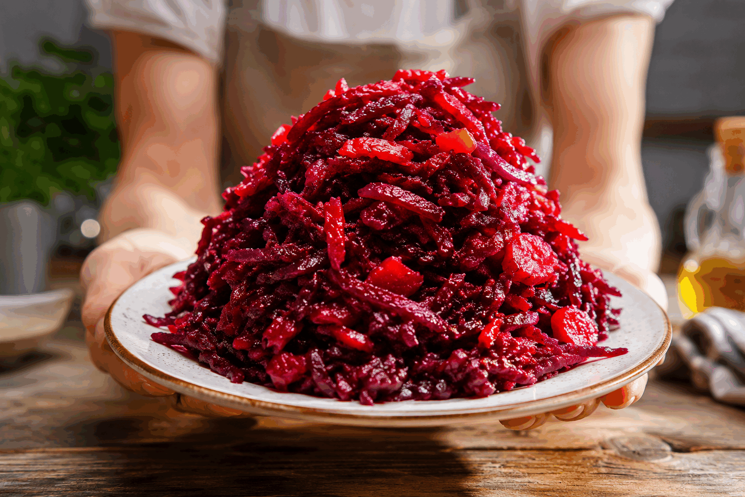 Salade de betteraves express pour les fêtes : prête en 5 minutes et délicieuse 🔥 Description Cette salade de betteraves express est une entrée colorée et savoureuse, idéale pour les fêtes lorsque le temps manque. Servie fraîche, elle combine la douceur terreuse des betteraves à une vinaigrette acidulée et une touche croquante pour un équilibre parfait. Simple et rapide à préparer, elle apporte une note festive à votre repas. Informations Temps de préparation : 5 minutes Temps de cuisson : 0 minute (betteraves déjà cuites) Nombre de portions : 4 personnes Difficulté : Facile Ingrédients Pour la salade 400 g de betteraves rouges cuites et pelées 50 g de roquette fraîche 30 g de noix concassées 50 g de fromage de chèvre frais Pour la vinaigrette 2 cuillères à soupe d’huile d’olive 1 cuillère à soupe de vinaigre balsamique 1 cuillère à café de miel liquide Sel et poivre du moulin Préparation Coupe les betteraves en cubes ou en fines tranches selon ta préférence. Dans un saladier, prépare la vinaigrette en mélangeant l’huile d’olive, le vinaigre balsamique, le miel, du sel et du poivre. Ajoute les betteraves dans le saladier et mélange délicatement pour bien les enrober de vinaigrette. Incorpore la roquette et les noix concassées. Émiette le fromage de chèvre frais sur le dessus de la salade. Mélange légèrement pour répartir le fromage sans l’écraser. Réserve au frais jusqu’au moment de servir, idéalement 10 minutes pour que les saveurs se mêlent bien. Astuces Choisis des betteraves déjà cuites et pelées en supermarché pour gagner un maximum de temps. Ajoute un zeste d’orange pour une note fraîche et légèrement acidulée. Remplace la roquette par des pousses d’épinards pour une variante plus douce. Pour une version vegan, retire le fromage de chèvre et ajoute des graines de tournesol grillées pour le croquant. Service Servez cette salade en entrée festive, accompagnée d’un pain aux noix ou d’une tranche de pain rustique. Elle complète parfaitement un repas de fête léger ou un buffet de Noël grâce à sa fraîcheur et à ses couleurs vives.