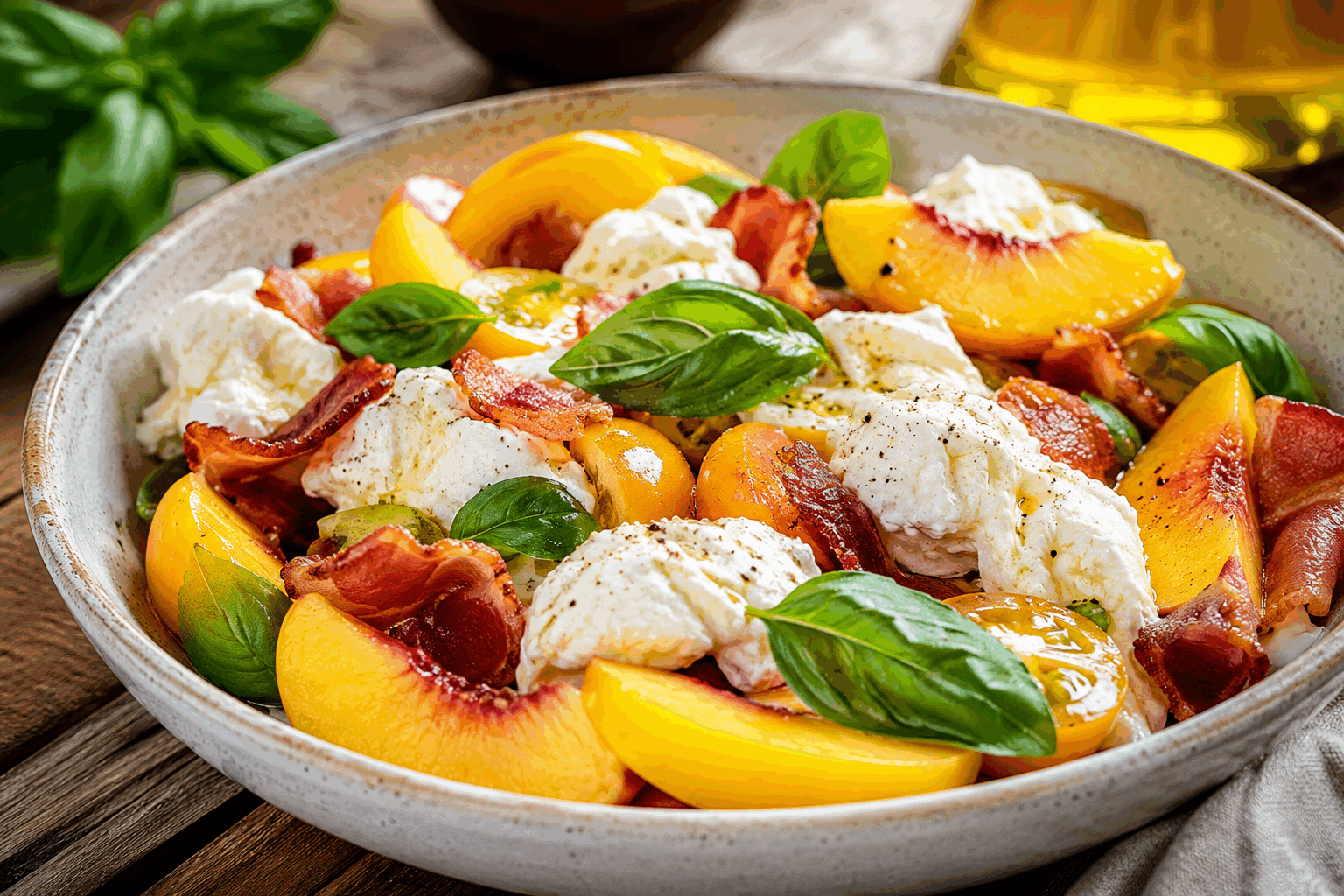 Salade de pêches, burrata et tomates : la vinaigrette aux framboises qui change tout 🔥 Description Cette salade colorée et gourmande marie la douceur des pêches mûres à la fraîcheur crémeuse de la burrata et au goût acidulé des tomates. La vinaigrette aux framboises apporte une touche fruitée et légèrement acidulée qui sublime chaque bouchée. Parfaite pour un déjeuner d’été ou une entrée raffinée, elle allie légèreté et complexité en saveurs. Informations Temps de préparation : 15 minutes Temps de cuisson : 0 minute Nombre de portions : 4 personnes Difficulté : Facile Ingrédients Pour la salade 3 pêches mûres 2 boules de burrata (environ 200 g chacune) 250 g de tomates multicolores (cerises ou petites tomates anciennes) Quelques feuilles de basilic frais Quelques feuilles de roquette (facultatif) Pour la vinaigrette aux framboises 100 g de framboises fraîches ou surgelées 2 cuillères à soupe d’huile d’olive extra vierge 1 cuillère à soupe de vinaigre de framboise (ou vinaigre balsamique blanc) 1 cuillère à café de miel liquide Sel fin Poivre noir fraîchement moulu Préparation Lave soigneusement les tomates et les pêches. Coupe les tomates en deux ou en quatre selon leur taille. Dénoyaute les pêches et tranche-les en fines lamelles. Dans un petit bol, écrase légèrement les framboises avec une fourchette pour en extraire le jus et quelques morceaux. Ajoute l’huile d’olive, le vinaigre de framboise et le miel aux framboises écrasées. Mélange vigoureusement pour émulsionner la vinaigrette. Assaisonne avec une pincée de sel et du poivre selon ton goût. Dans un grand saladier, dépose les tranches de pêches, les tomates et la roquette si utilisée. Verse la moitié de la vinaigrette sur la salade et mélange délicatement pour bien répartir les saveurs. Répartis la salade dans les assiettes. Ajoute les boules de burrata entières ou légèrement déchirées à la main pour un effet plus rustique. Verse le reste de vinaigrette sur la burrata et décore avec des feuilles de basilic frais. Serre immédiatement pour profiter du contraste de textures et de la fraîcheur des ingrédients. Astuces Choisis des pêches bien mûres mais fermes pour qu’elles tiennent bien à la découpe et apportent du parfum. Si tu n’as pas de vinaigre de framboise, un vinaigre balsamique blanc doux ou un jus de citron peuvent aussi convenir. Pour une version encore plus gourmande, ajoute quelques éclats de pignons de pin légèrement toastés. Ne prépare pas la vinaigrette trop longtemps à l’avance : les framboises vont perdre leur fraîcheur et le goût s’altérer. Service Servez cette salade fraîche en entrée ou en accompagnement d’une grillade légère, comme du poulet ou du poisson blanc. Présente-la dans des assiettes larges pour bien mettre en valeur la couleur vive des pêches et des tomates. Elle est idéale lors des repas d’été en terrasse ou pour un brunch élégant.