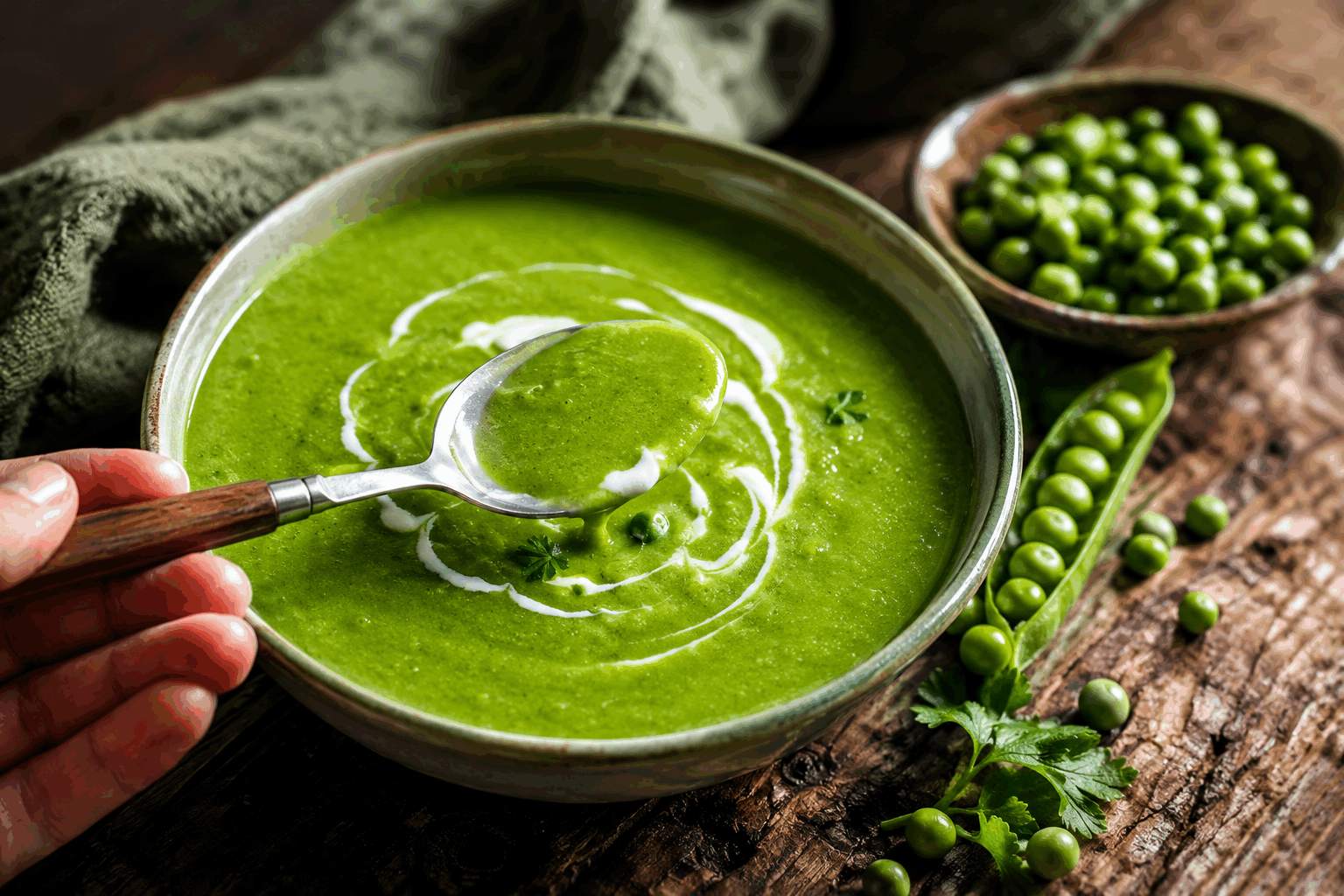 Soupe de petits pois express en 10 min, le réconfort facile et délicieux 👌 Description Cette soupe de petits pois express est une préparation rapide et savoureuse, parfaite pour un repas léger ou une entrée réconfortante. Sa texture veloutée et sa couleur verte éclatante raviront les papilles. Facile à réaliser en seulement 10 minutes, elle convient aux soirs pressés ou aux jours où l’on cherche simplicité et gourmandise. Informations Temps de préparation : 5 minutes Temps de cuisson : 5 minutes Nombre de portions : 4 personnes Difficulté : Facile Ingrédients Pour la soupe 500 g de petits pois surgelés 1 oignon moyen 1 gousse d’ail 600 ml d’eau 1 cube de bouillon de légumes 2 cuillères à soupe d’huile d’olive Sel Poivre noir du moulin Pour la finition 100 ml de crème fraîche légère (optionnel) Quelques feuilles de menthe fraîche (optionnel) Quelques croûtons ou pain grillé Préparation Épluche et émince finement l’oignon et la gousse d’ail. Fais chauffer l’huile d’olive dans une casserole à feu moyen et fais revenir l’oignon et l’ail jusqu’à ce qu’ils soient translucides, environ 2 minutes. Ajoute les petits pois surgelés, puis verse l’eau et émiette le cube de bouillon de légumes dans la casserole. Porte à ébullition, puis baisse le feu et laisse mijoter 5 minutes jusqu’à ce que les petits pois soient tendres. Mixez la soupe à l’aide d’un blender ou d’un mixeur plongeant jusqu’à obtenir une texture lisse et veloutée. Assaisonne avec du sel et du poivre selon votre goût. Incorpore la crème fraîche si vous souhaitez une soupe plus onctueuse, puis mélange bien. Réchauffe brièvement si nécessaire avant de servir. Astuces Pour une texture encore plus fine, passez la soupe au chinois après le mixage. Remplacez la crème fraîche par du yaourt nature pour une version plus légère. Ajoutez quelques feuilles de menthe fraîche au mixeur pour une touche de fraîcheur parfumée. Servez avec des croûtons maison ou du pain grillé pour apporter du croquant. Service Servez cette soupe chaude dans des bols, accompagnée de croûtons dorés et d’une feuille de menthe pour une touche colorée. Elle est idéale pour un dîner léger ou en entrée lors d’un repas convivial. Cette recette express est parfaite pour les soirs où le temps manque mais où le plaisir reste essentiel.